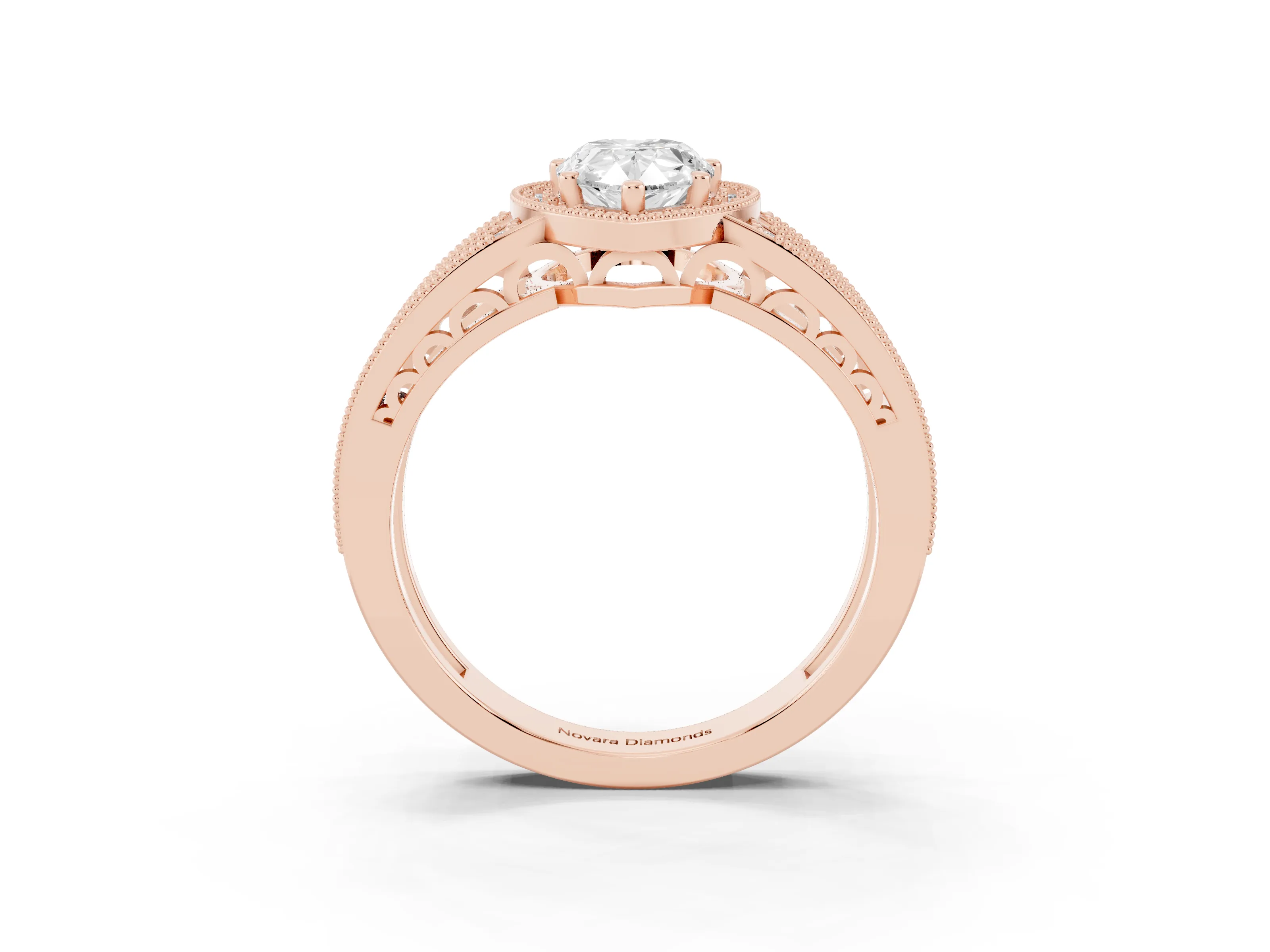 Pear Cut Diamond Halo Ring Set in Rose gold with Accent Split Shank and Prong Setting