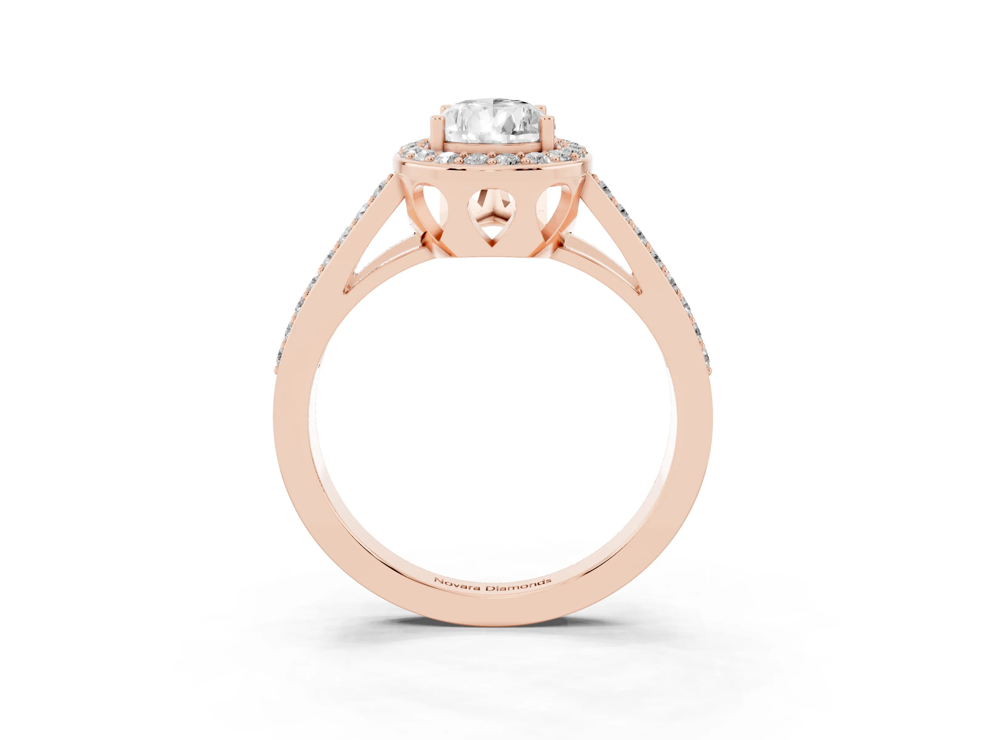 Pear Cut Diamond Halo Ring Set in Rose gold with U-Prong Split Shank and Prong Setting