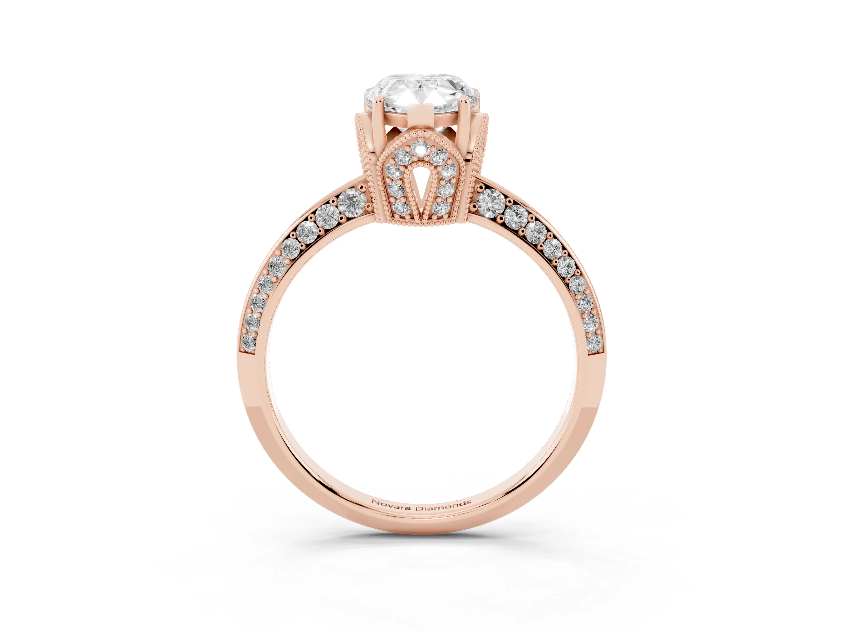Pear Cut Diamond Solitaire Engagement Ring Set in Rose gold with Pavé Split Shank and Prong Setting