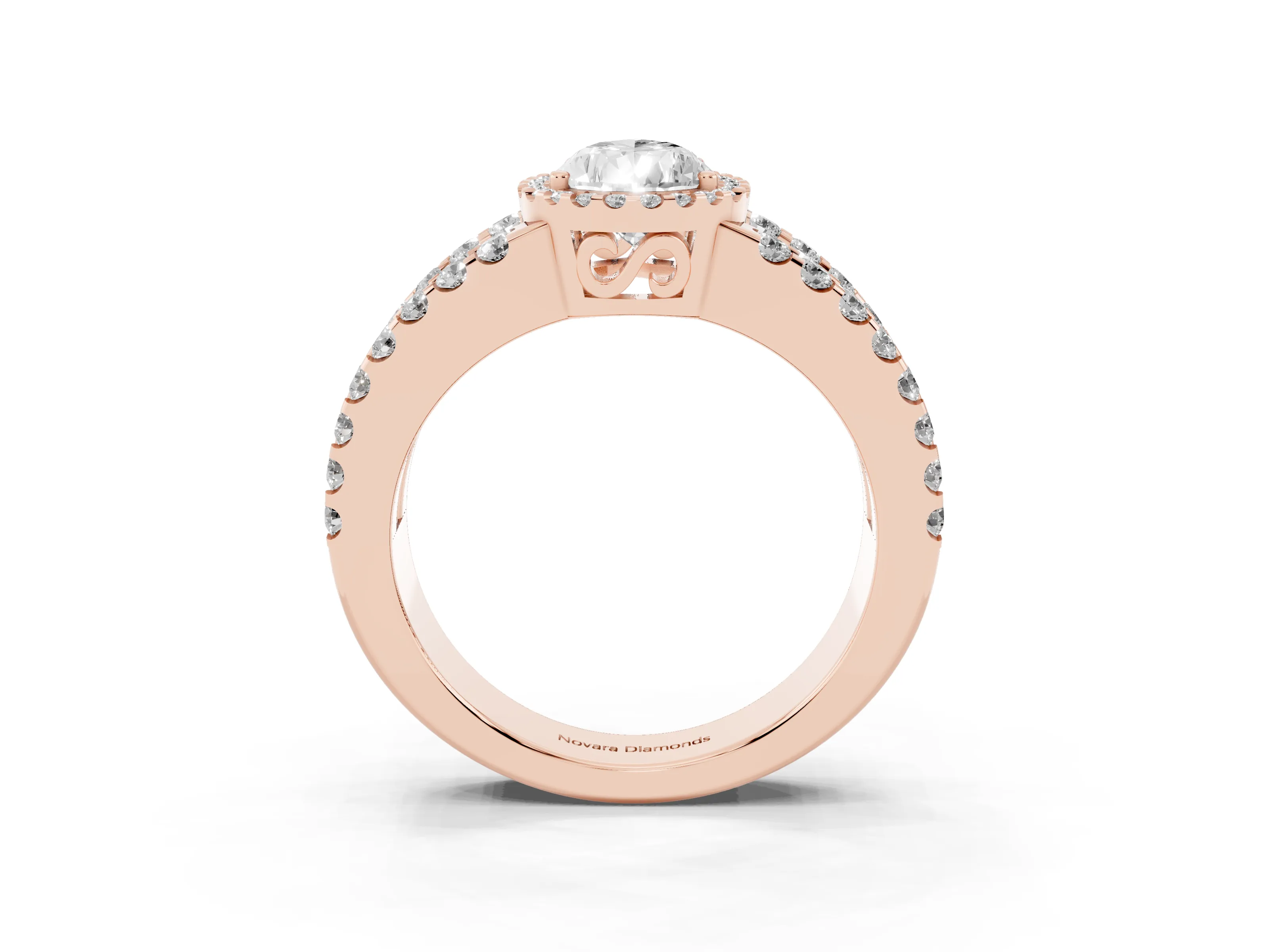 Pear Cut Diamond Halo Ring Set in Rose gold with Pavé Split Shank and Prong Setting