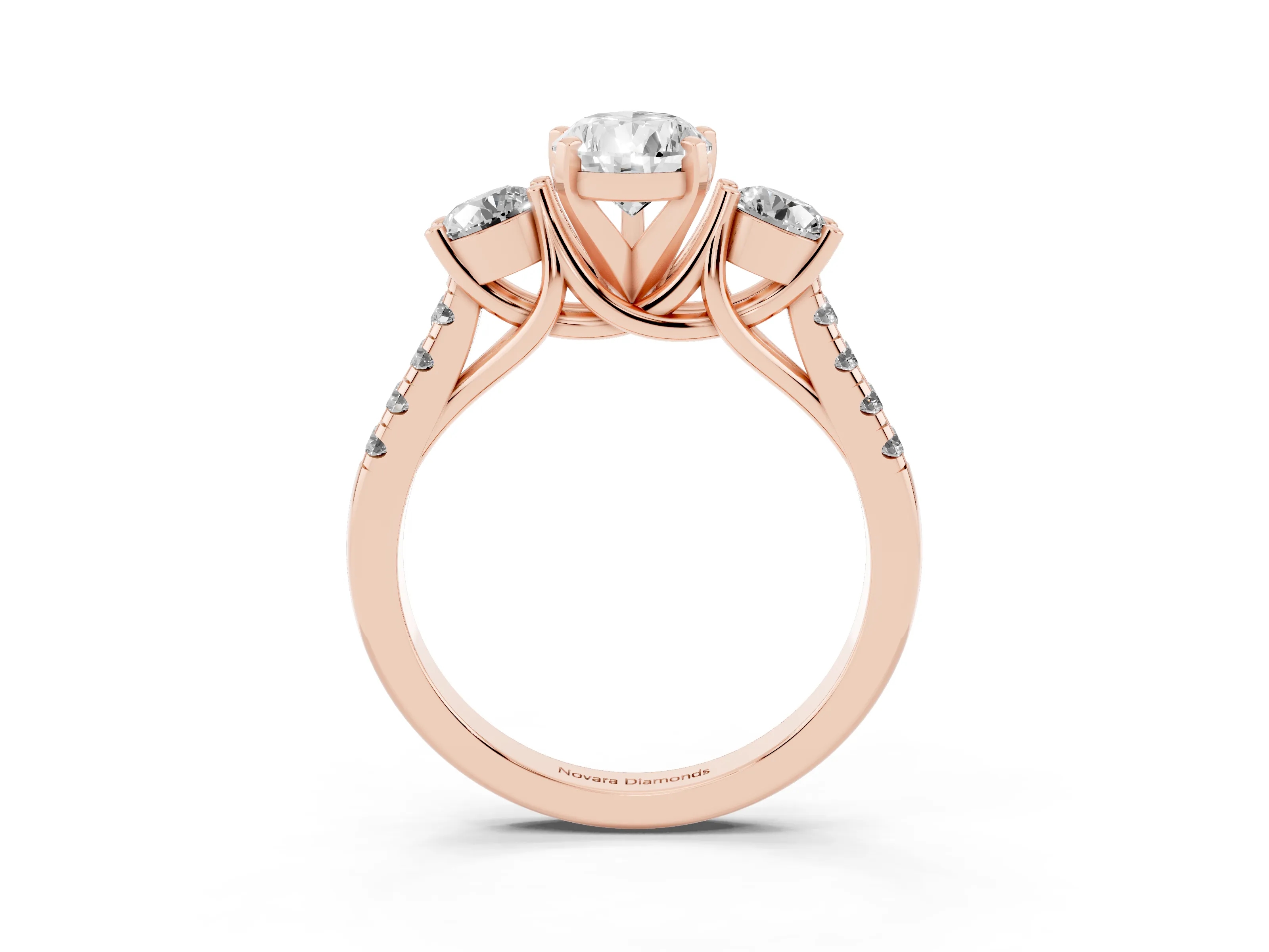 Three-Stone Pear Cut Diamond Pavé Band Ring Set in Rose gold with Prong-Set Trio