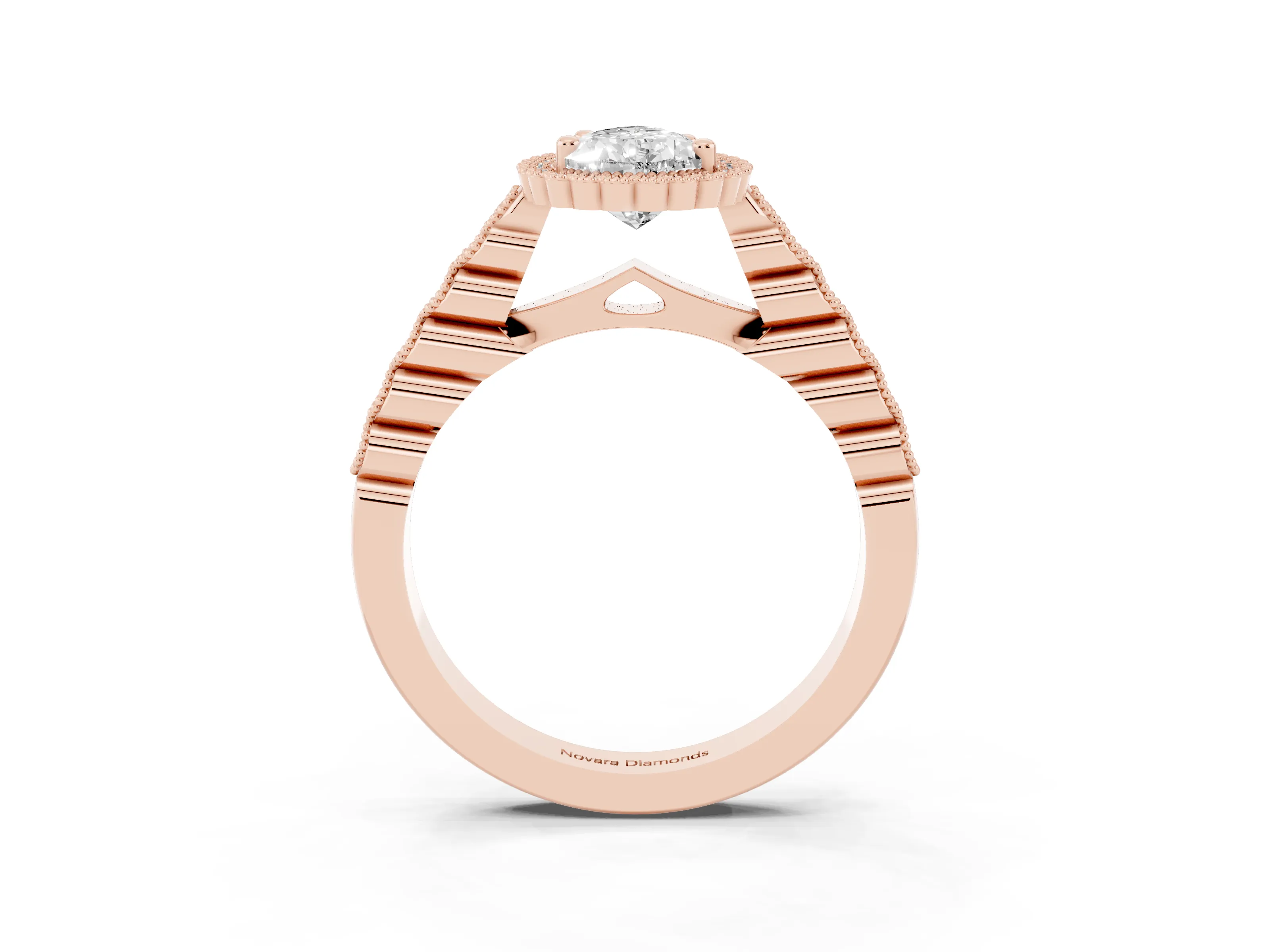 Pear Cut Diamond Halo Ring Set in Rose gold with Pavé Milgrain Band