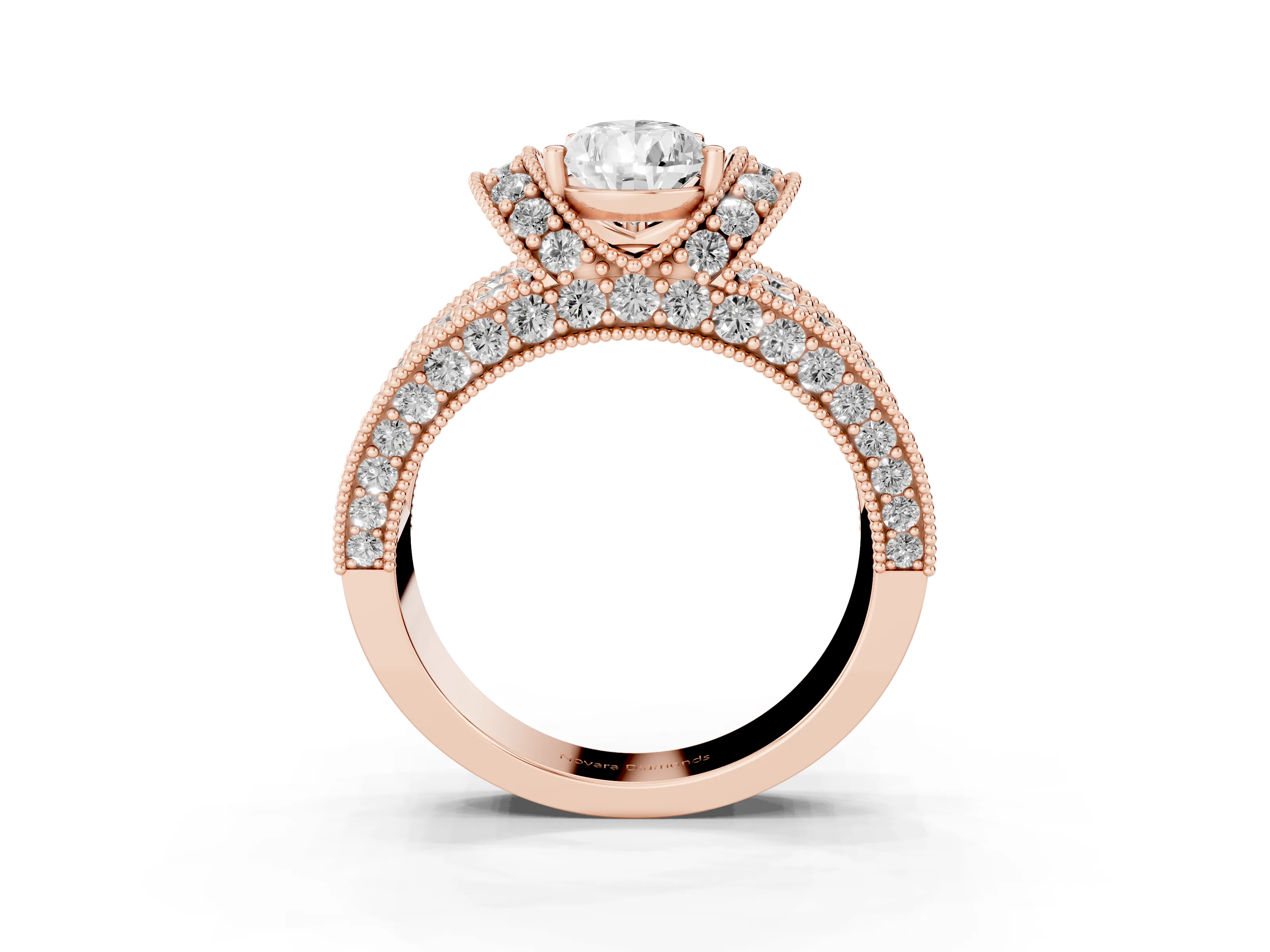 Pear Cut Diamond Milgrain Halo Pavé Engagement Ring Set in Rose gold with Prong Setting