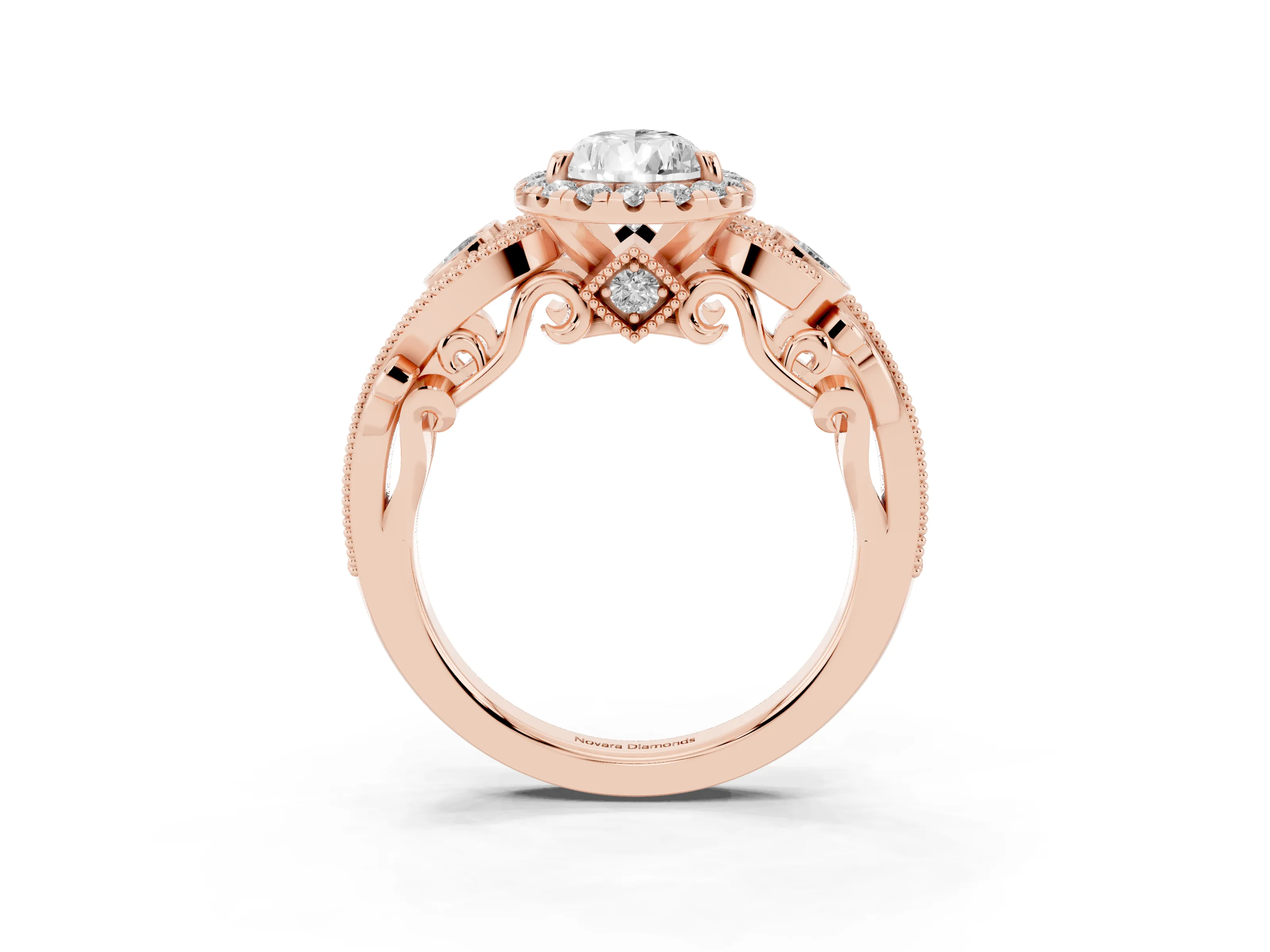 Pear Cut Diamond Halo Ring Set in Rose gold with Milgrain Pavé Band and Prong Setting