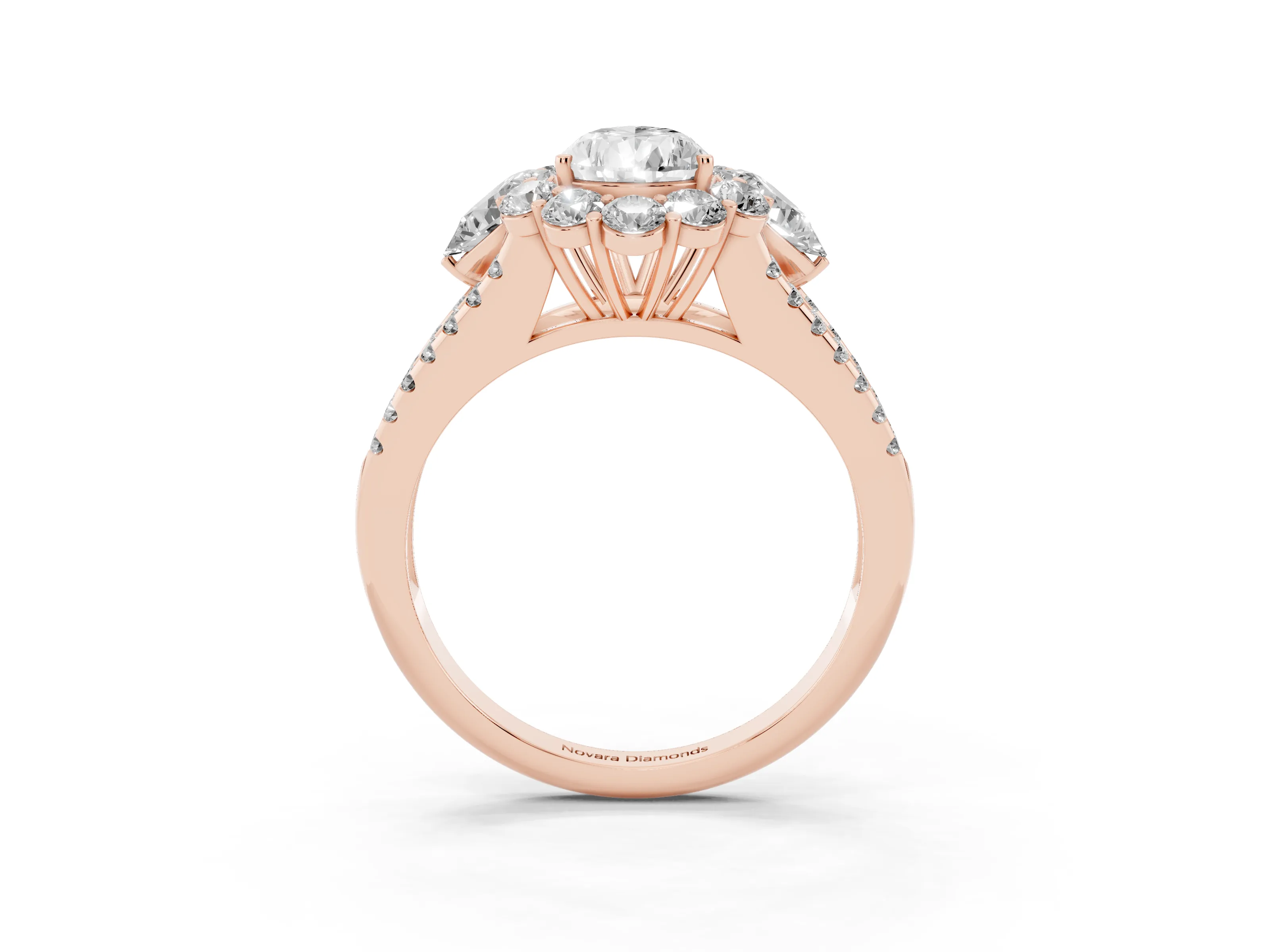 Pear Cut Diamond Halo Split Shank Engagement Ring Set in Rose gold with Prong-Held Center Stone