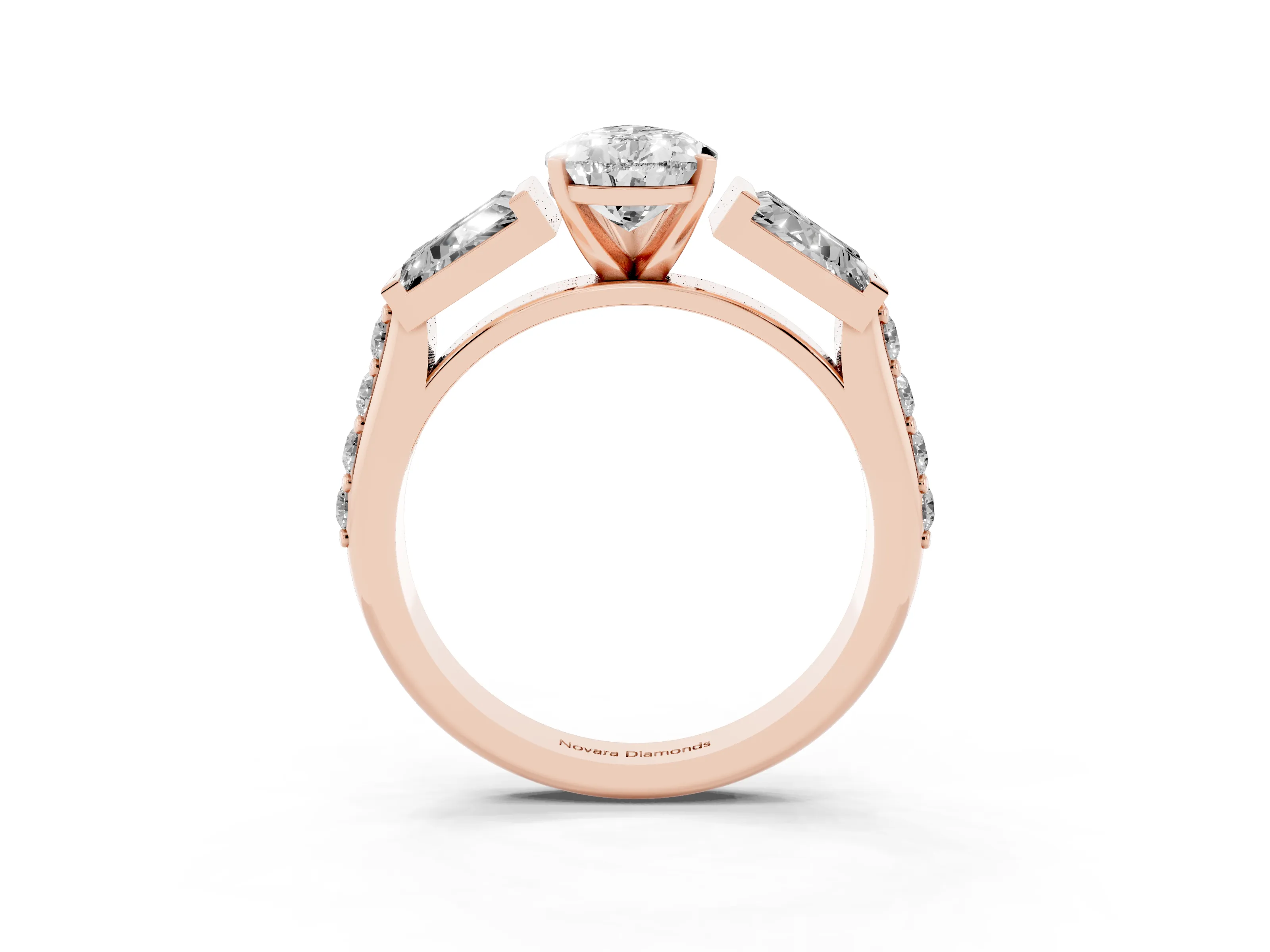 Pear Cut Diamond Engagement Ring Set in Rose gold with Baguette Side Stones and Channel Set Band