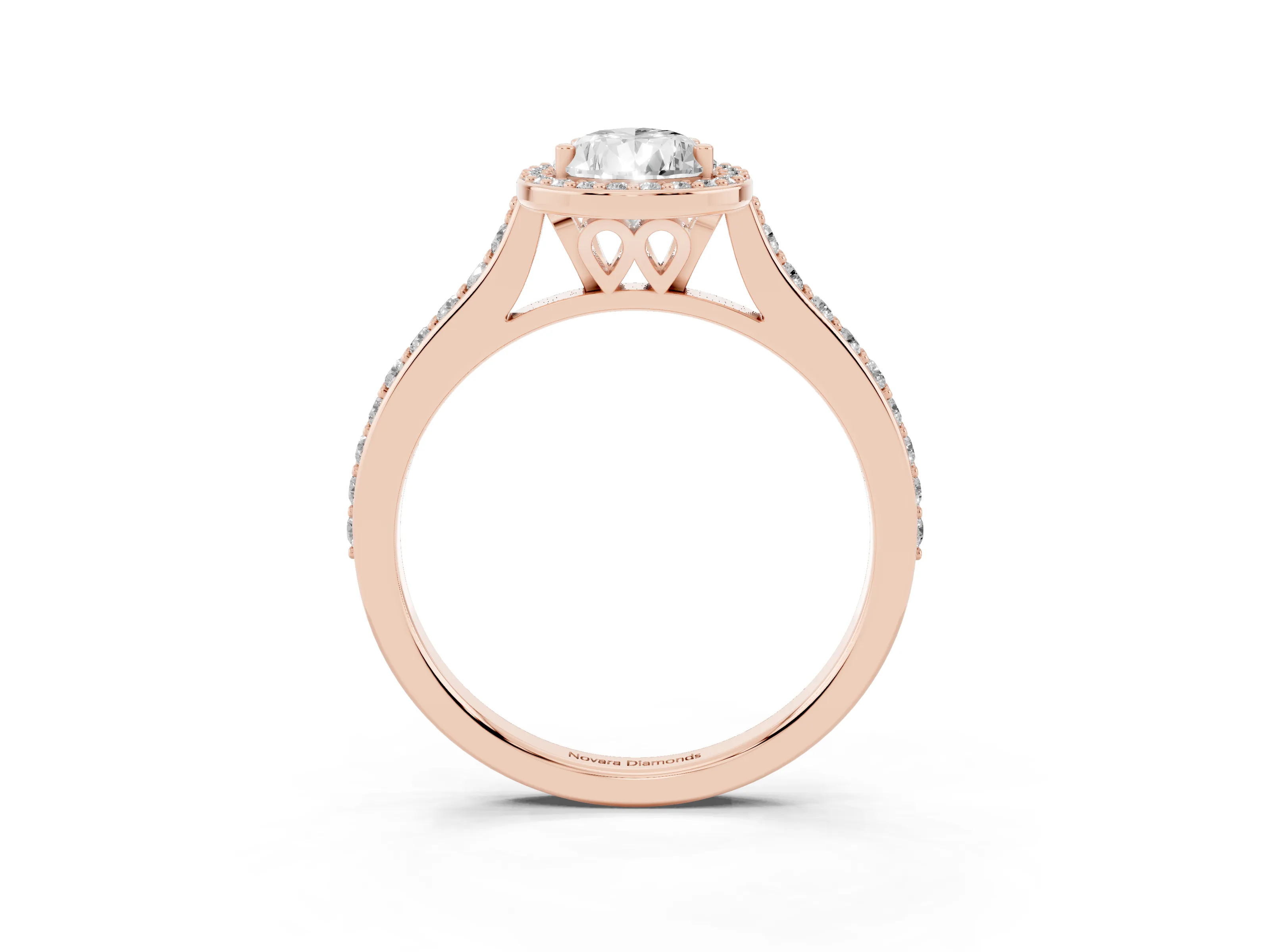 Pear Cut Diamond Halo Engagement Ring Set in Rose gold with Round Pavé Shoulders and Heart Gallery