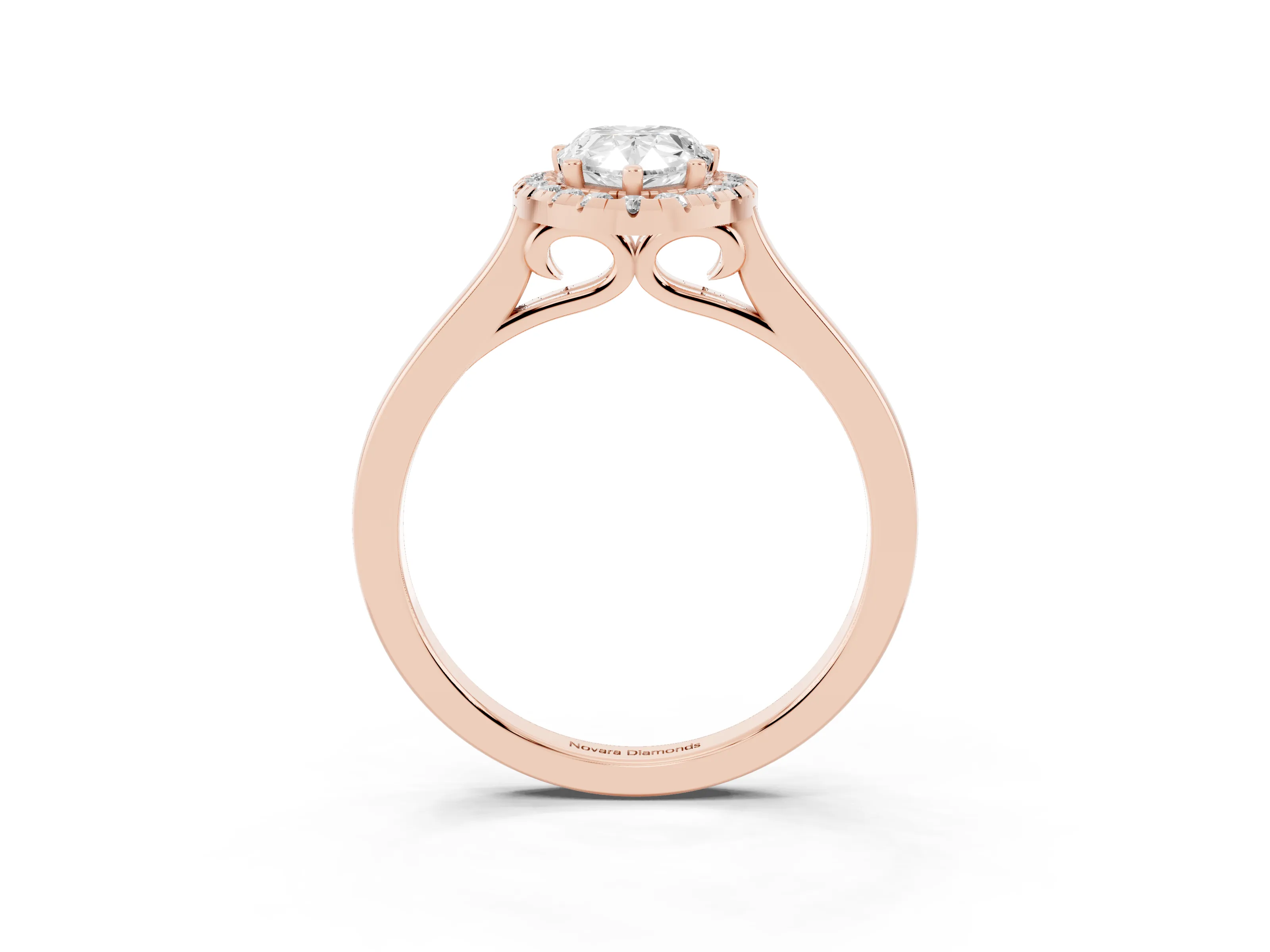 Pear Cut Halo Round Diamond Solitaire Ring Set in Rose gold with Pavé Band and Prong Setting