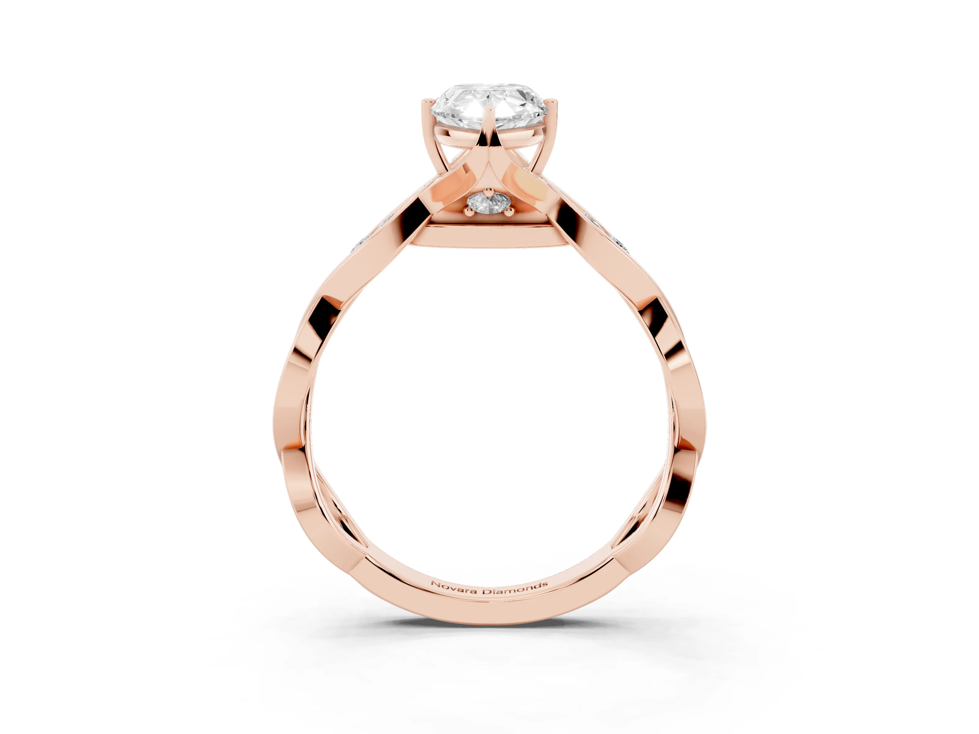 Pear Cut Diamond Twist Band Solitaire Ring Set in Rose gold with Leaf Prong Setting and Accent Stones