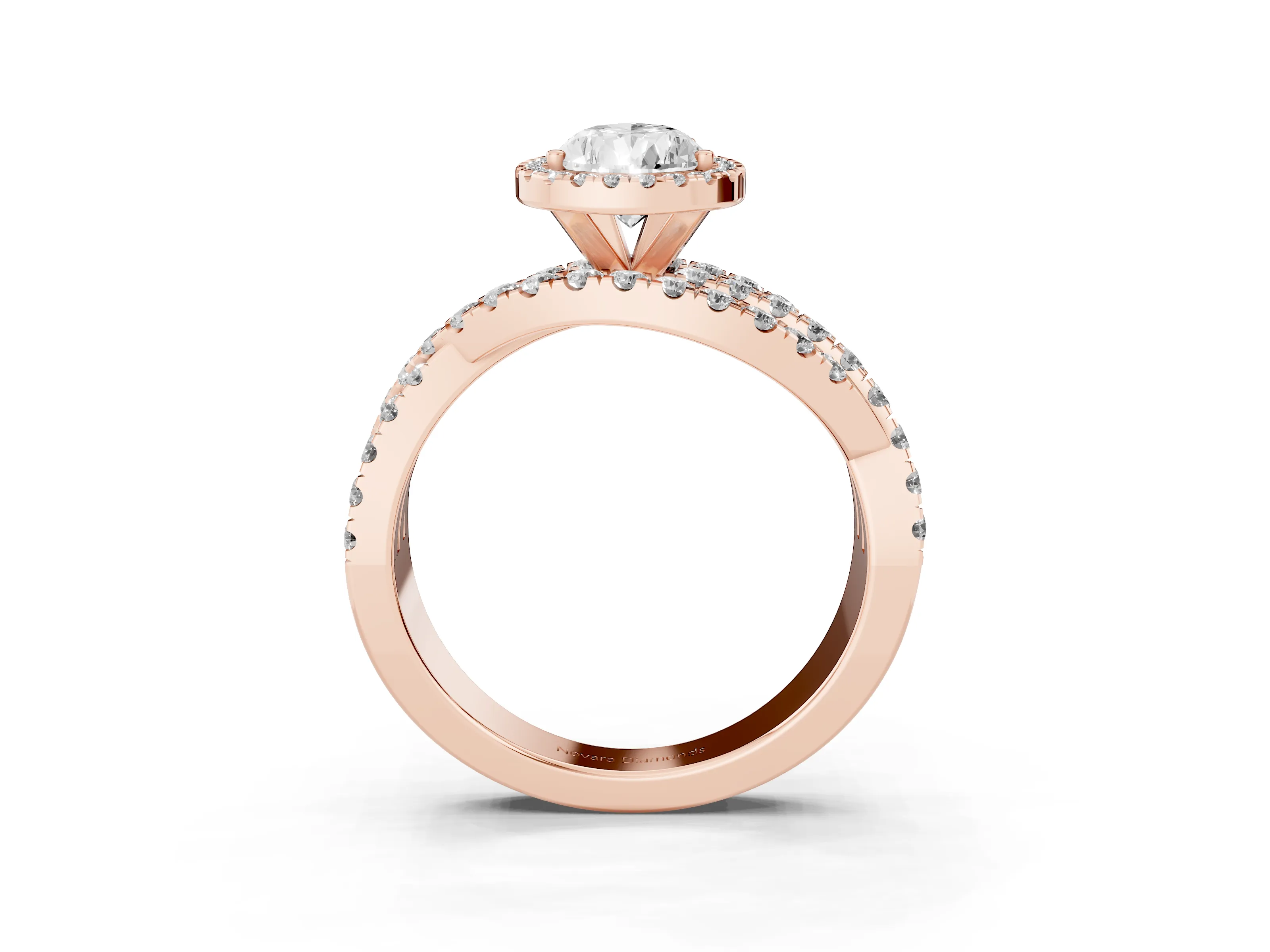 Pear Cut Diamond Halo Ring Set in Rose gold with Round Crossover Split Shank and Prong Setting
