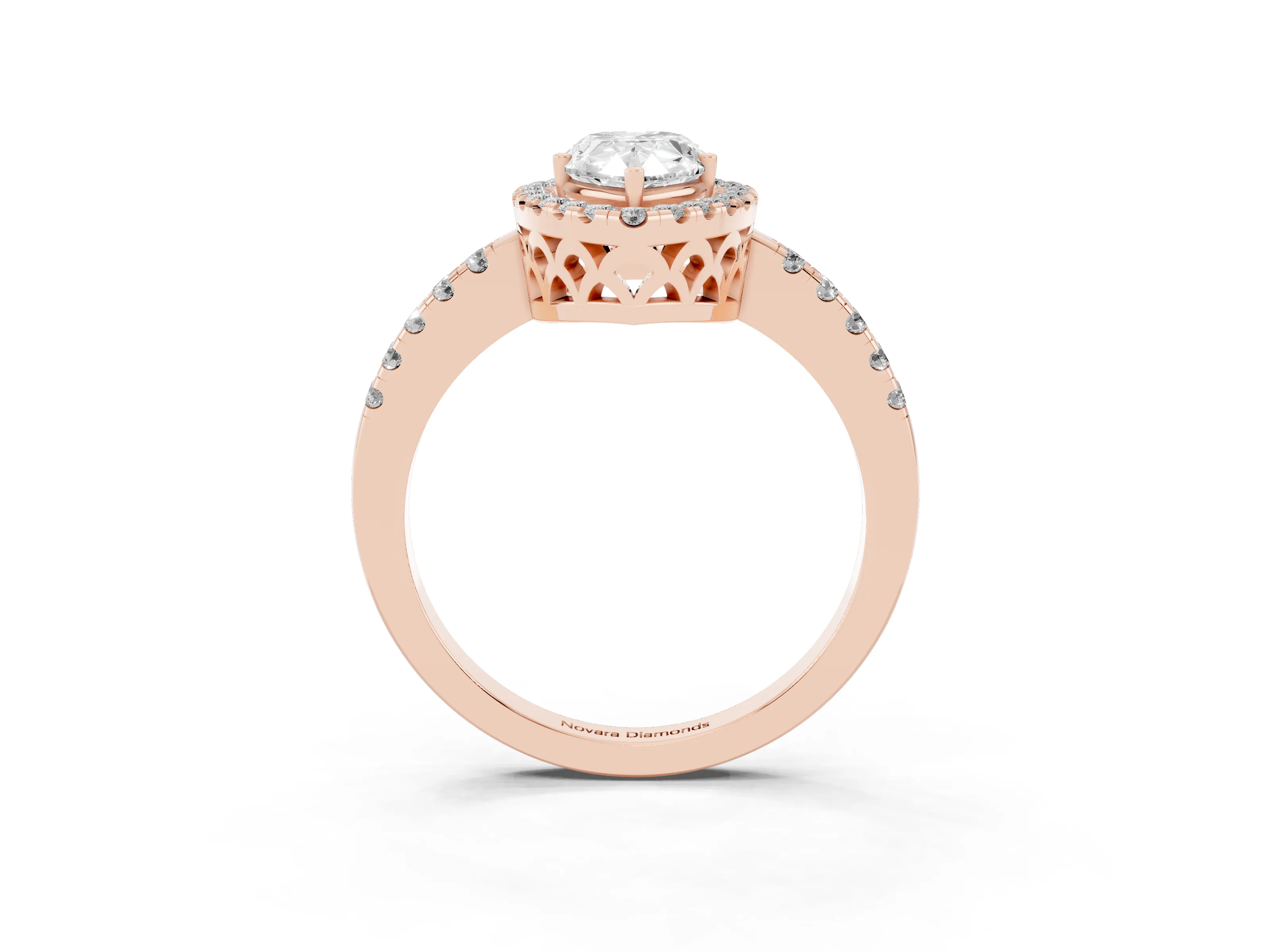 Pear Cut Diamond Pavé Band Halo Engagement Ring Set in Rose gold with Prong Setting