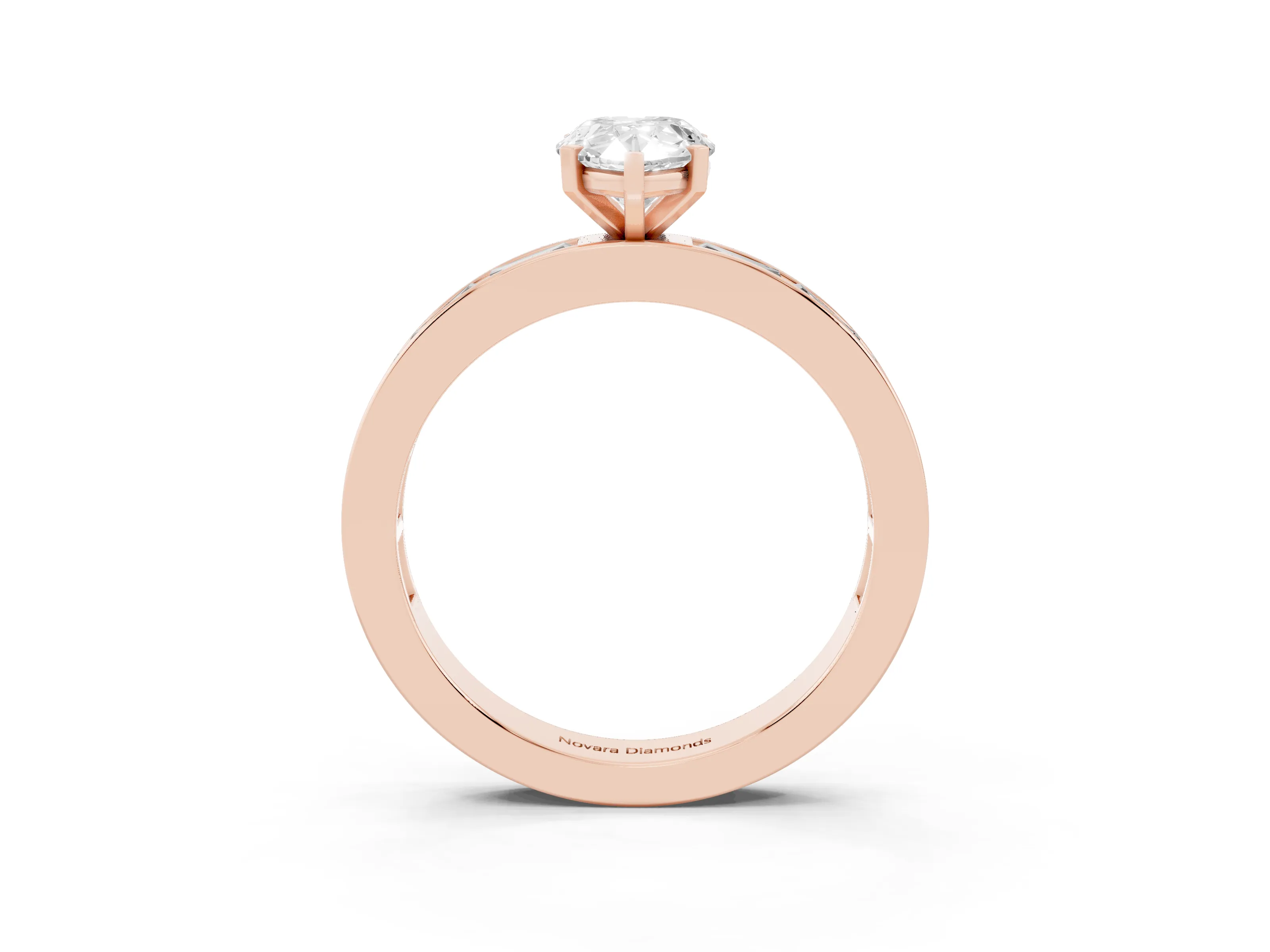 Pear Cut Diamond Solitaire Ring Set in Rose gold with Channel-Set Baguette Band and Prong Setting
