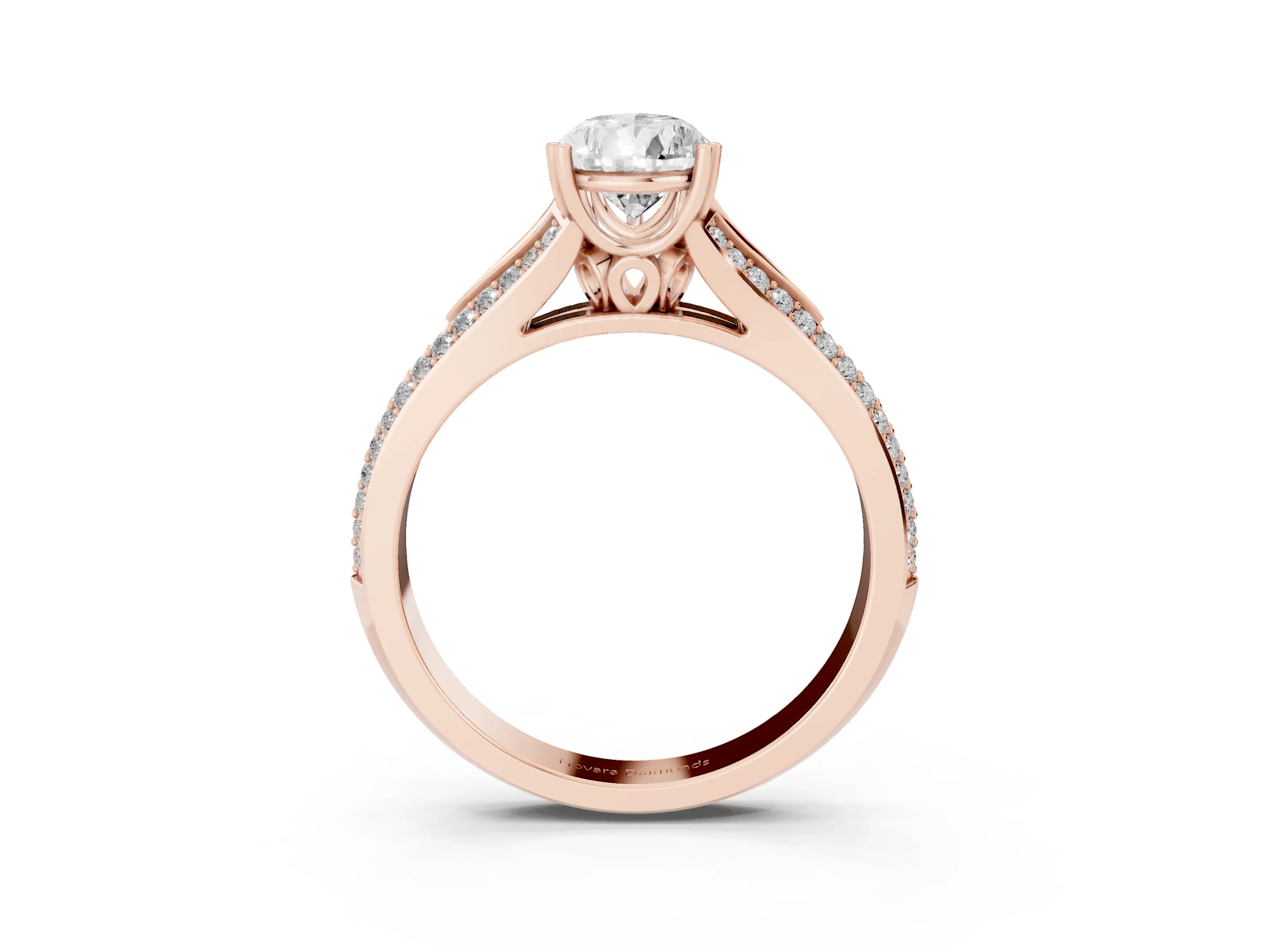 Pear Cut Diamond Split Shank Pavé Engagement Ring Set in Rose gold with Prong-Set Center Stone