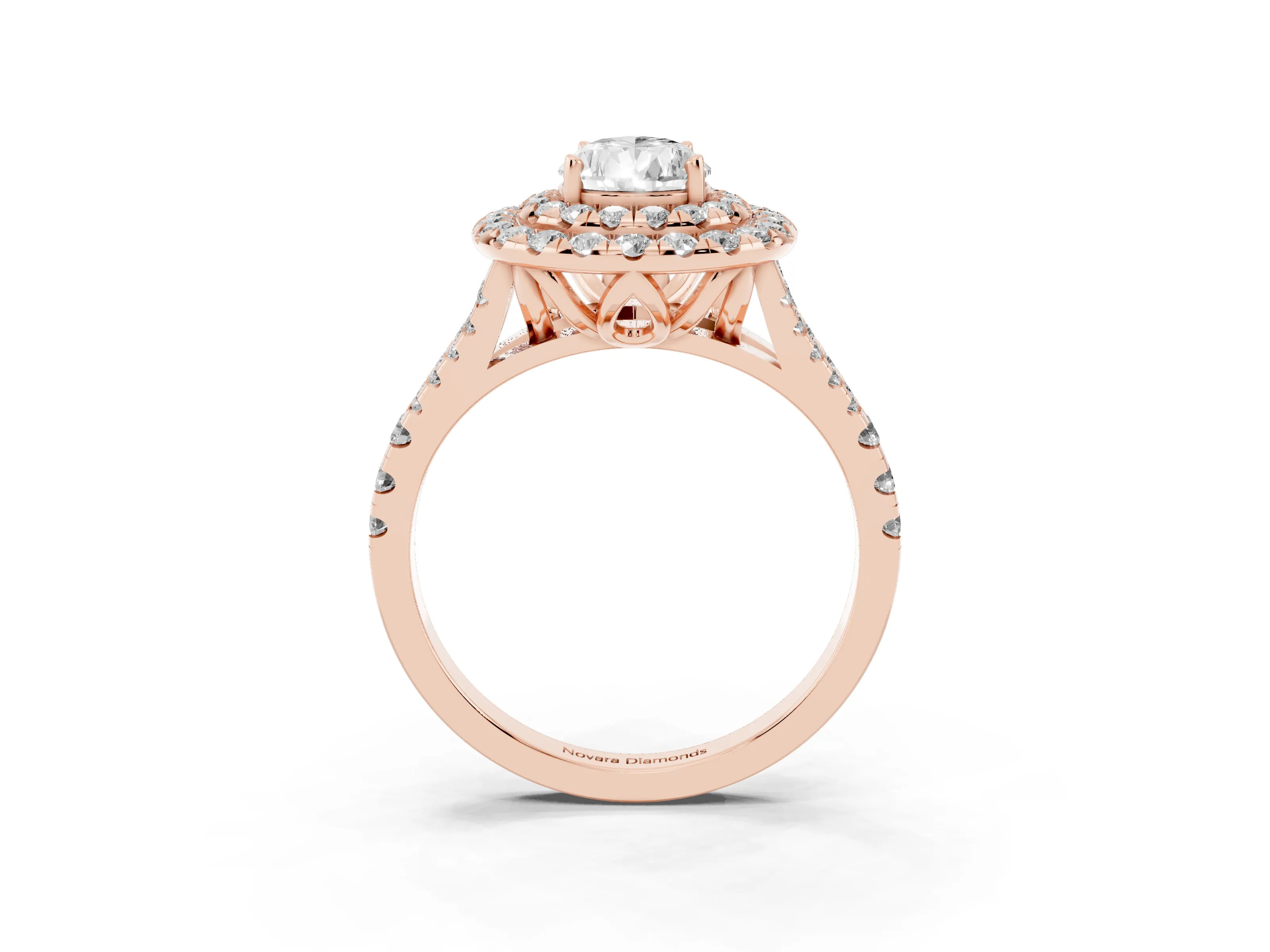 Pear Cut Diamond Double Halo Ring Set in Rose gold with Pavé Split Shank and Prong Setting