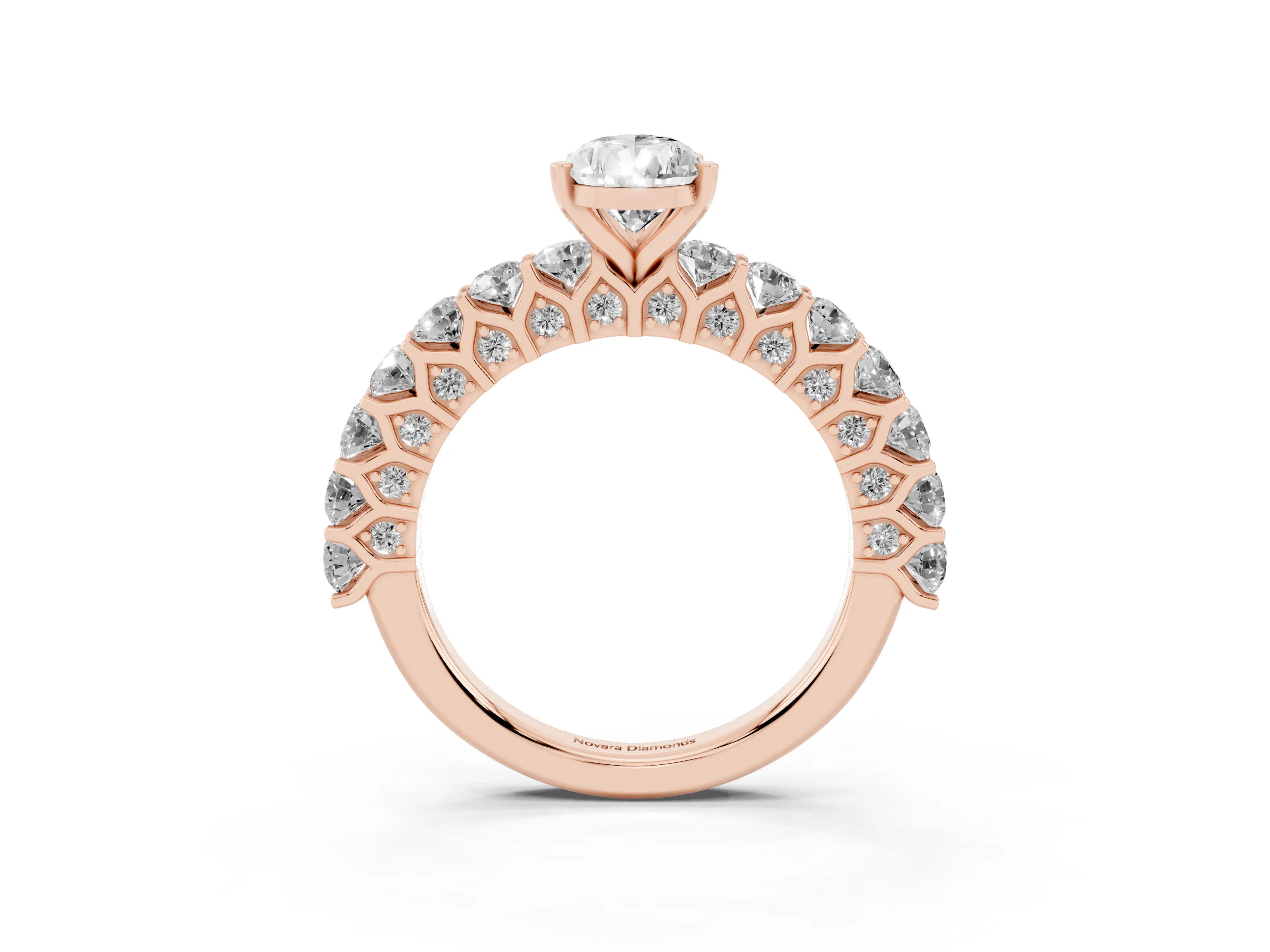 Pear Cut Diamond Solitaire Ring Set in Rose gold with Shared Prong Pavé Band