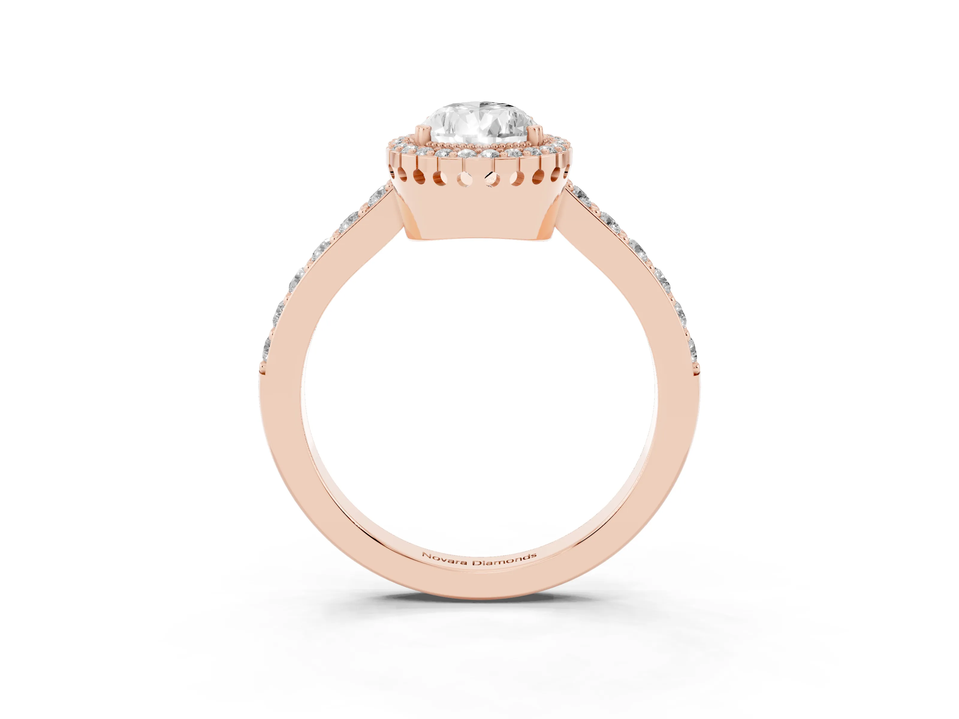 Pear Cut Diamond Halo Engagement Ring Set in Rose gold with Milgrain Detail and Pavé Band