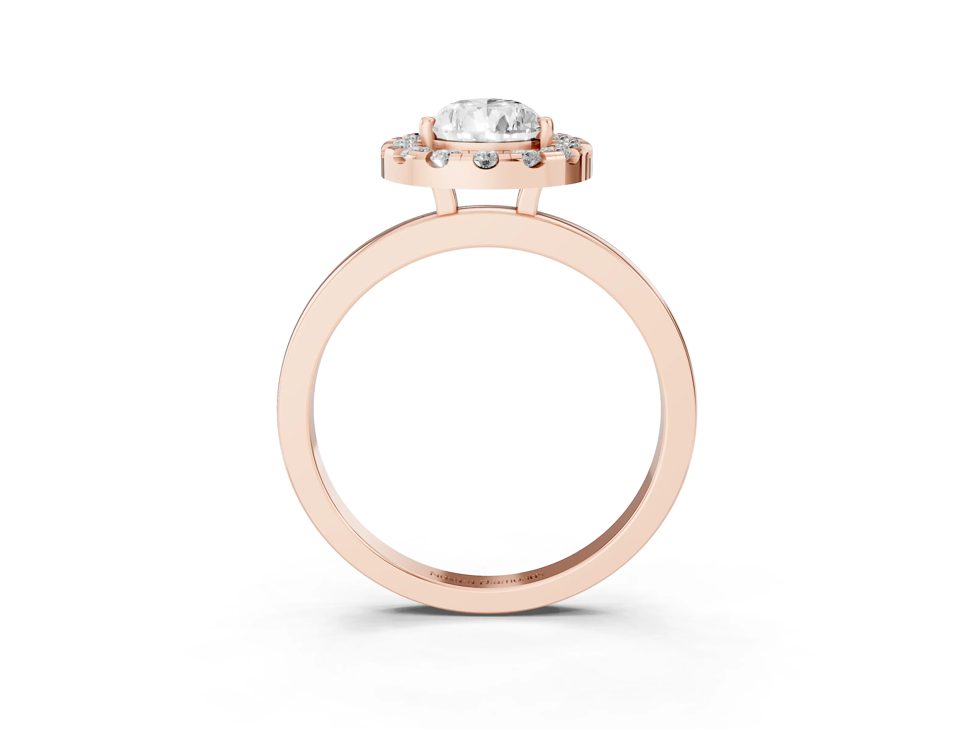 Pear Cut Diamond Halo Solitaire Ring Set in Rose gold with Pavé Band and Prong Setting