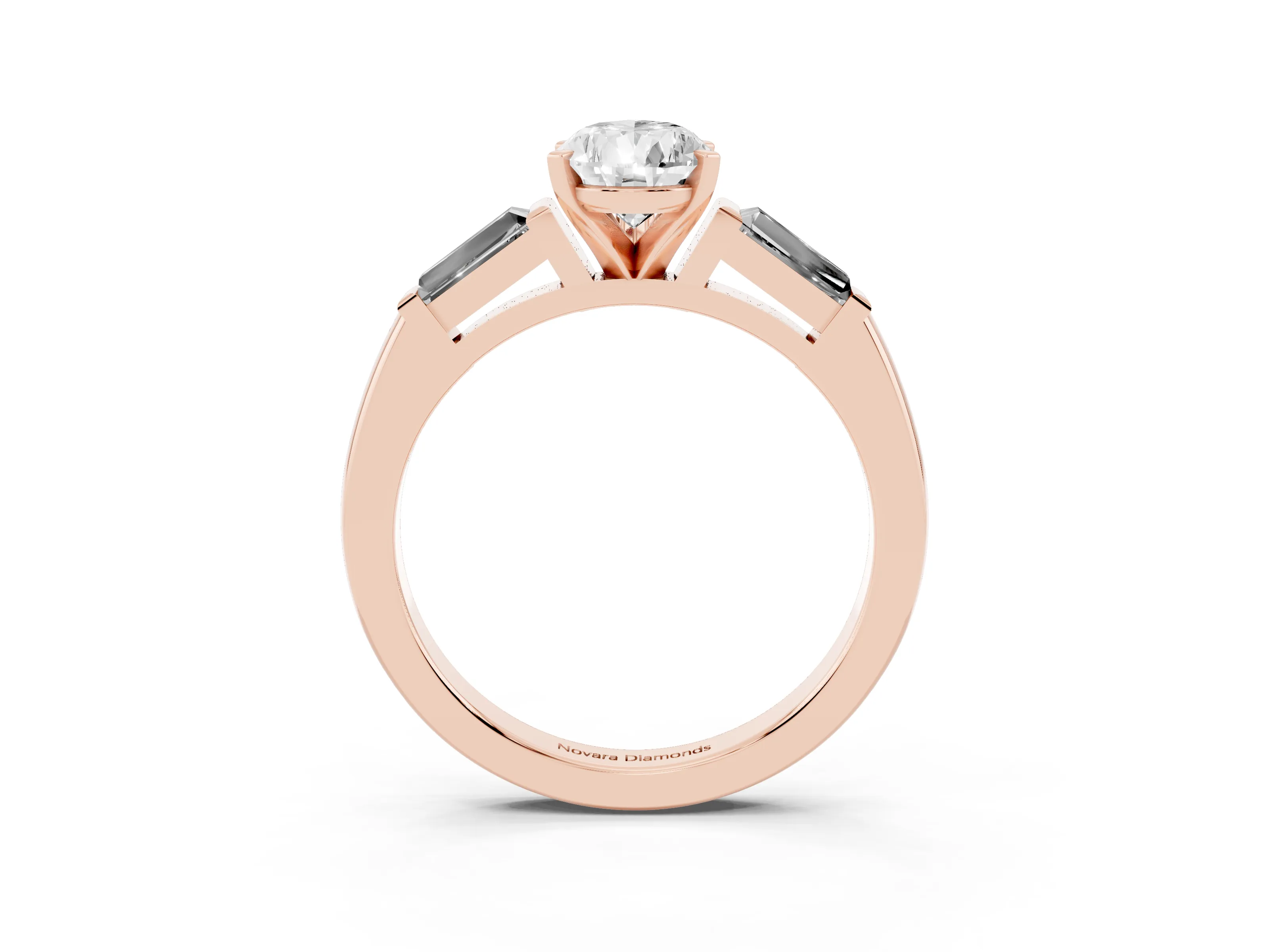 Pear Cut Diamond Solitaire Ring Set in Rose gold with Tapered Baguette Side Stones and Prong Setting