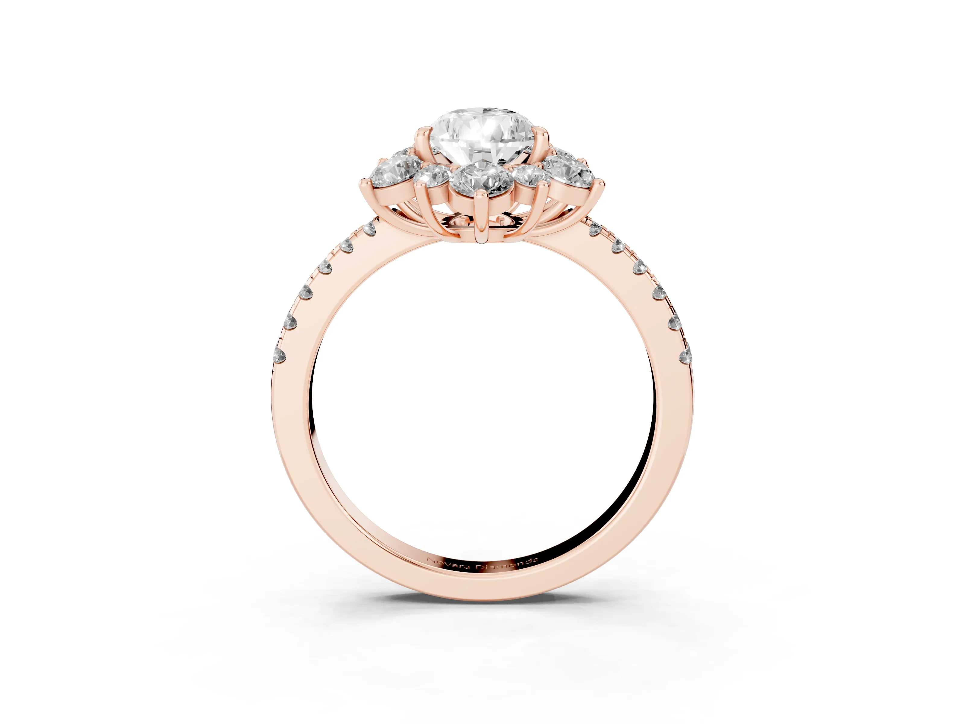 Pear Cut Diamond Floral Halo Ring Set in Rose gold with Round Pavé Band and Prong Setting