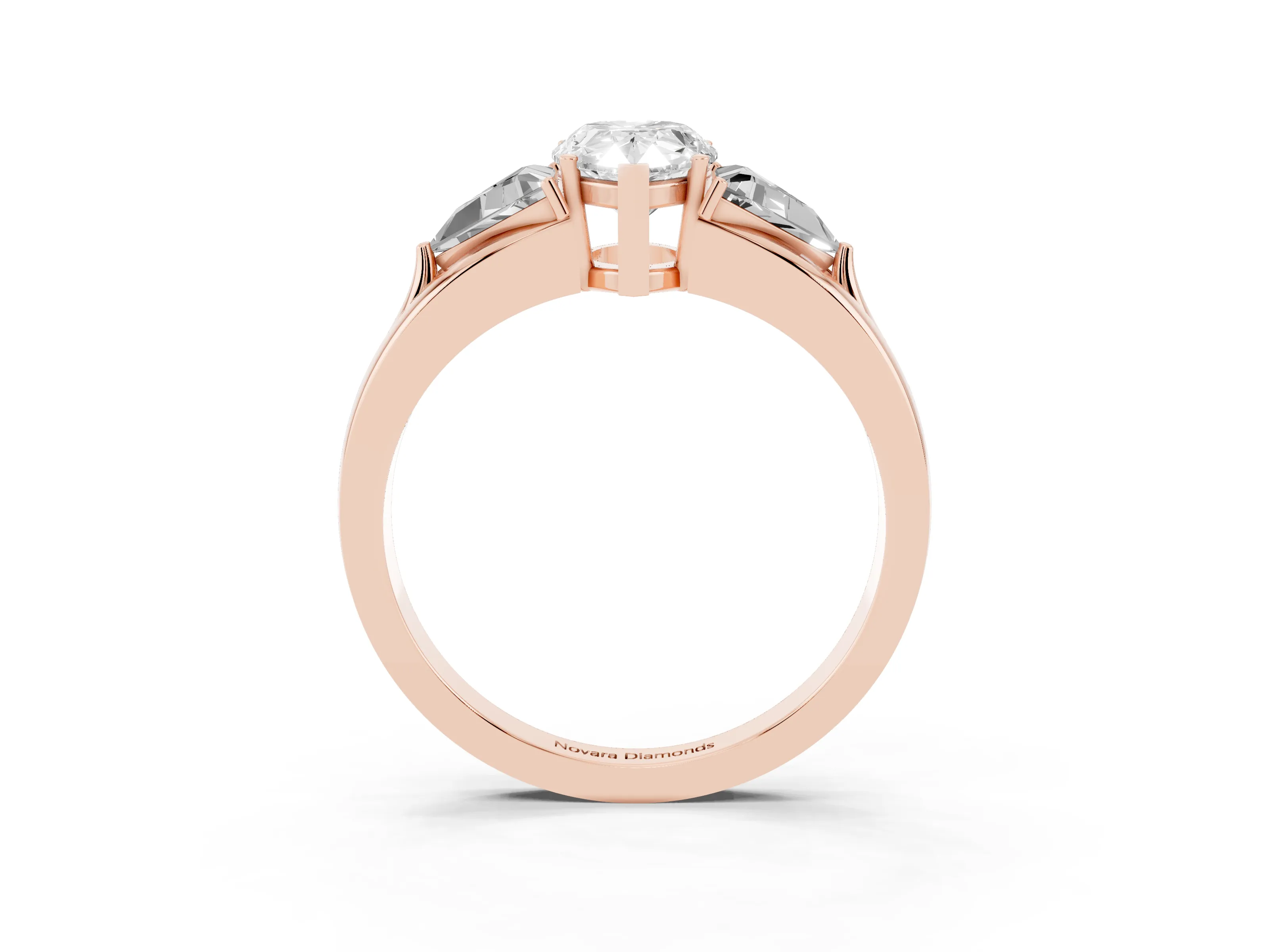 Pear Cut Diamond Three-Stone Ring Set in Rose gold with Trillion Side Stones and Split Shank