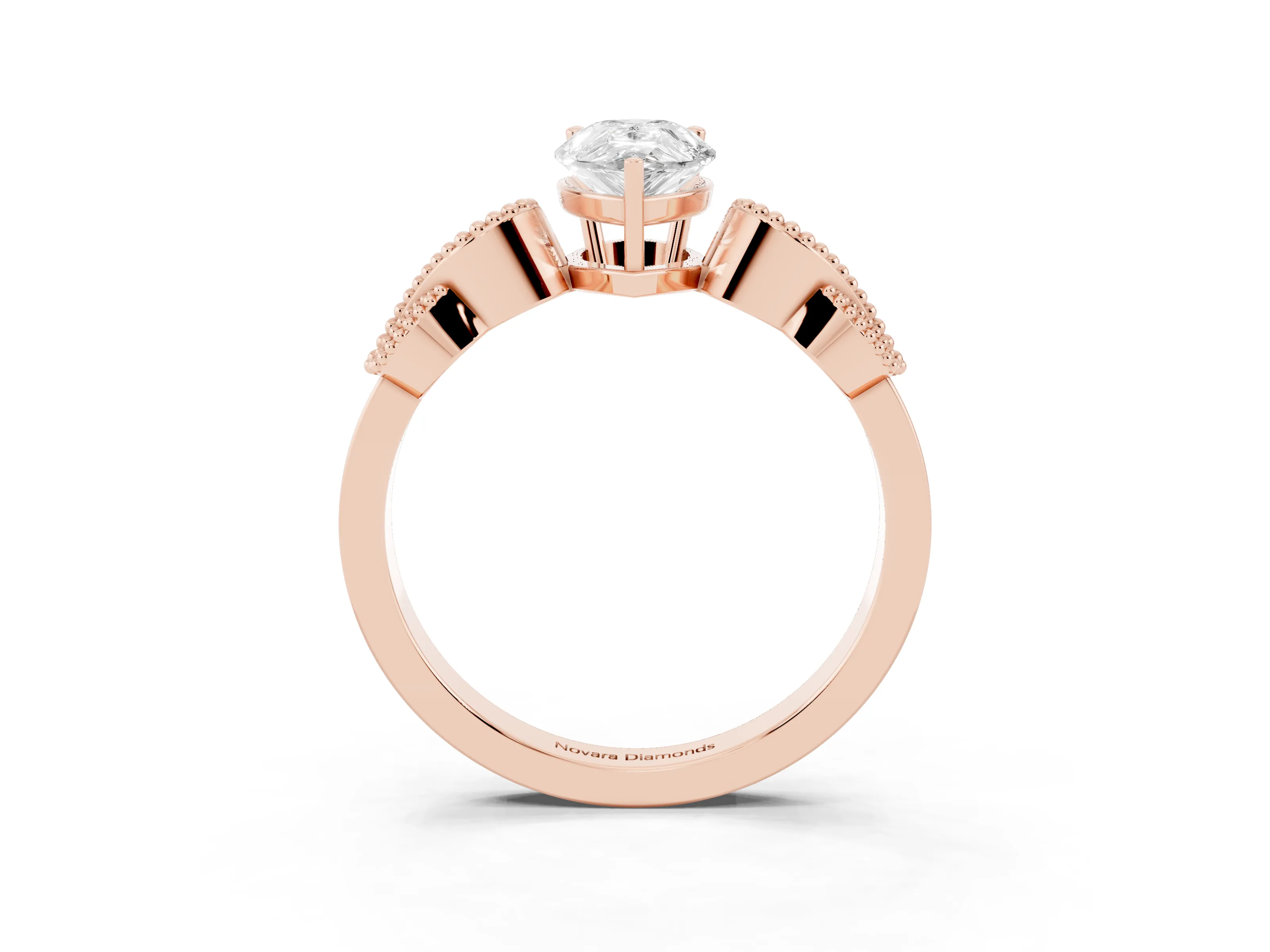 Pear Cut Diamond Milgrain Leaf Band Solitaire Ring Set in Rose gold with Accent Stones and Prong Setting