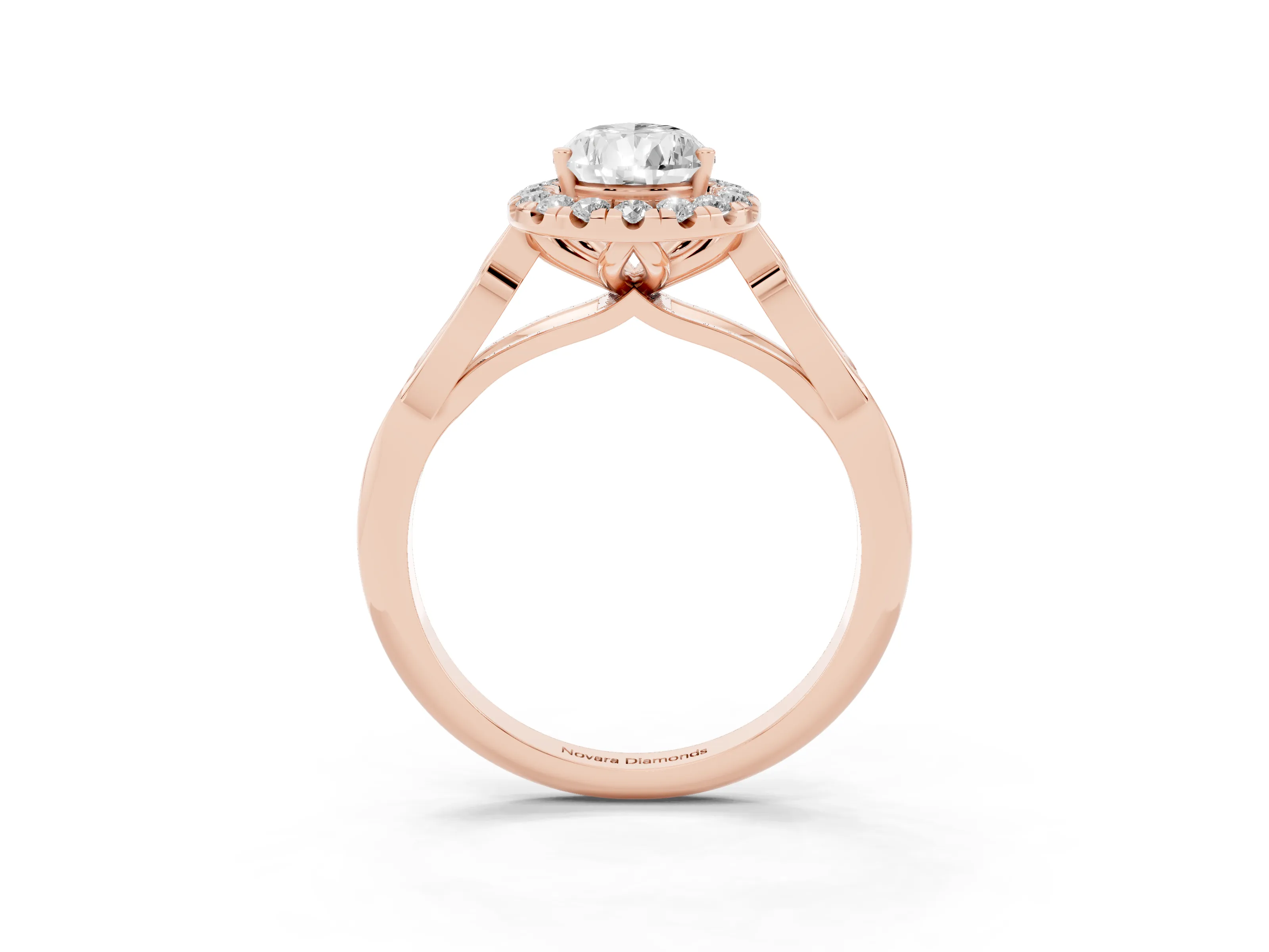 Pear Cut Diamond Halo Engagement Ring Set in Rose gold with Filigree Band and Prong-Set Center