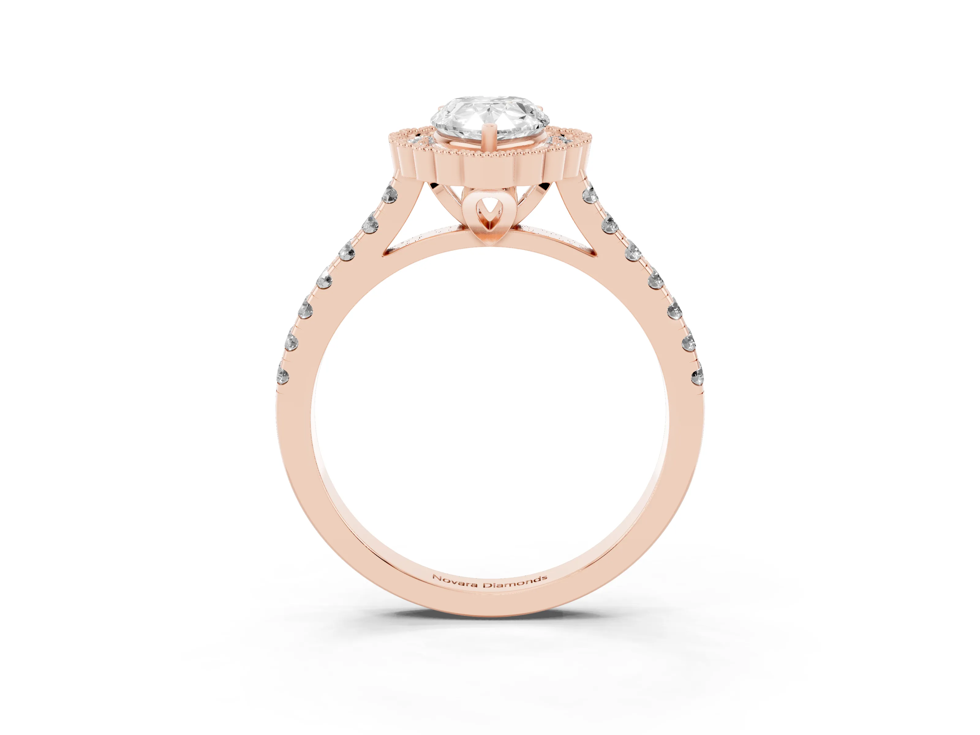 Pear Cut Diamond Milgrain Floral Halo Engagement Ring Set in Rose gold with Pavé Band