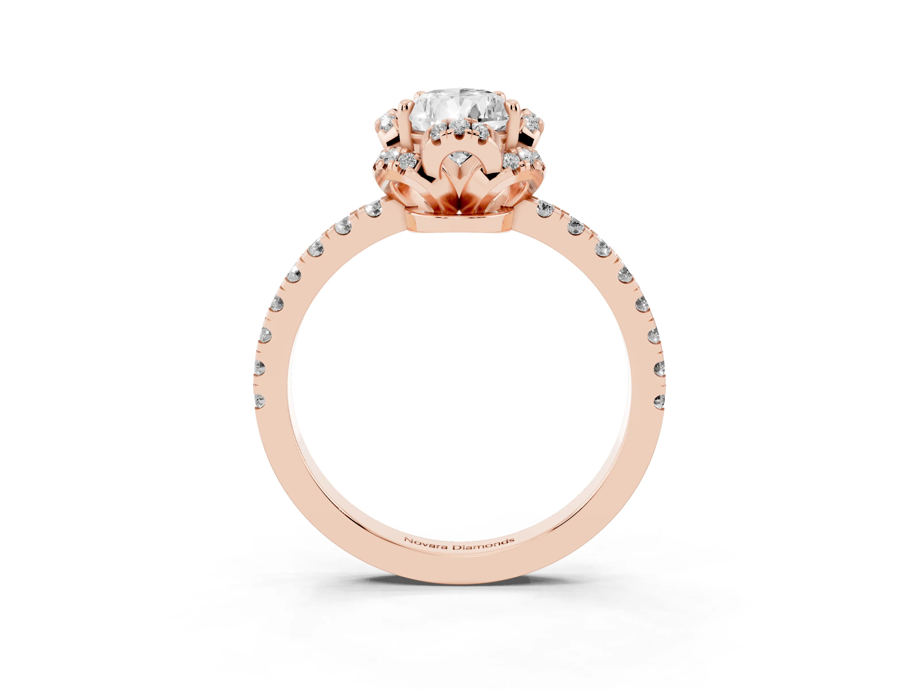 Pear Cut Diamond Halo Pavé Band Ring Set in Rose gold with Prong-Held Center