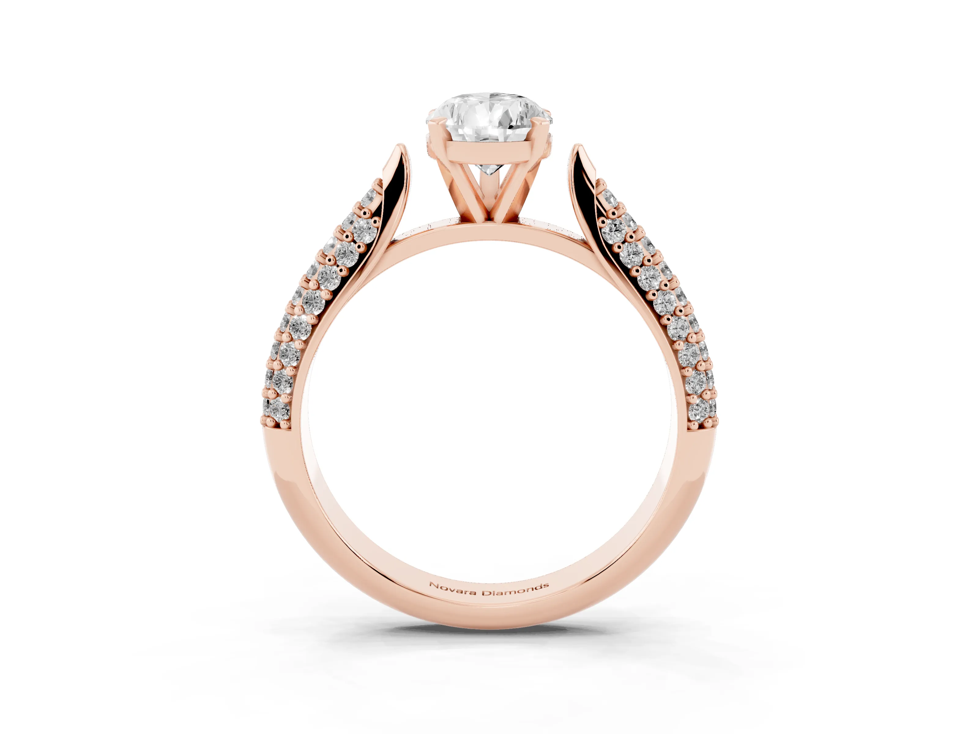 Pear Cut Diamond Solitaire Engagement Ring Set in Rose gold with Multi-Row Round Pavé Band and Prong Setting