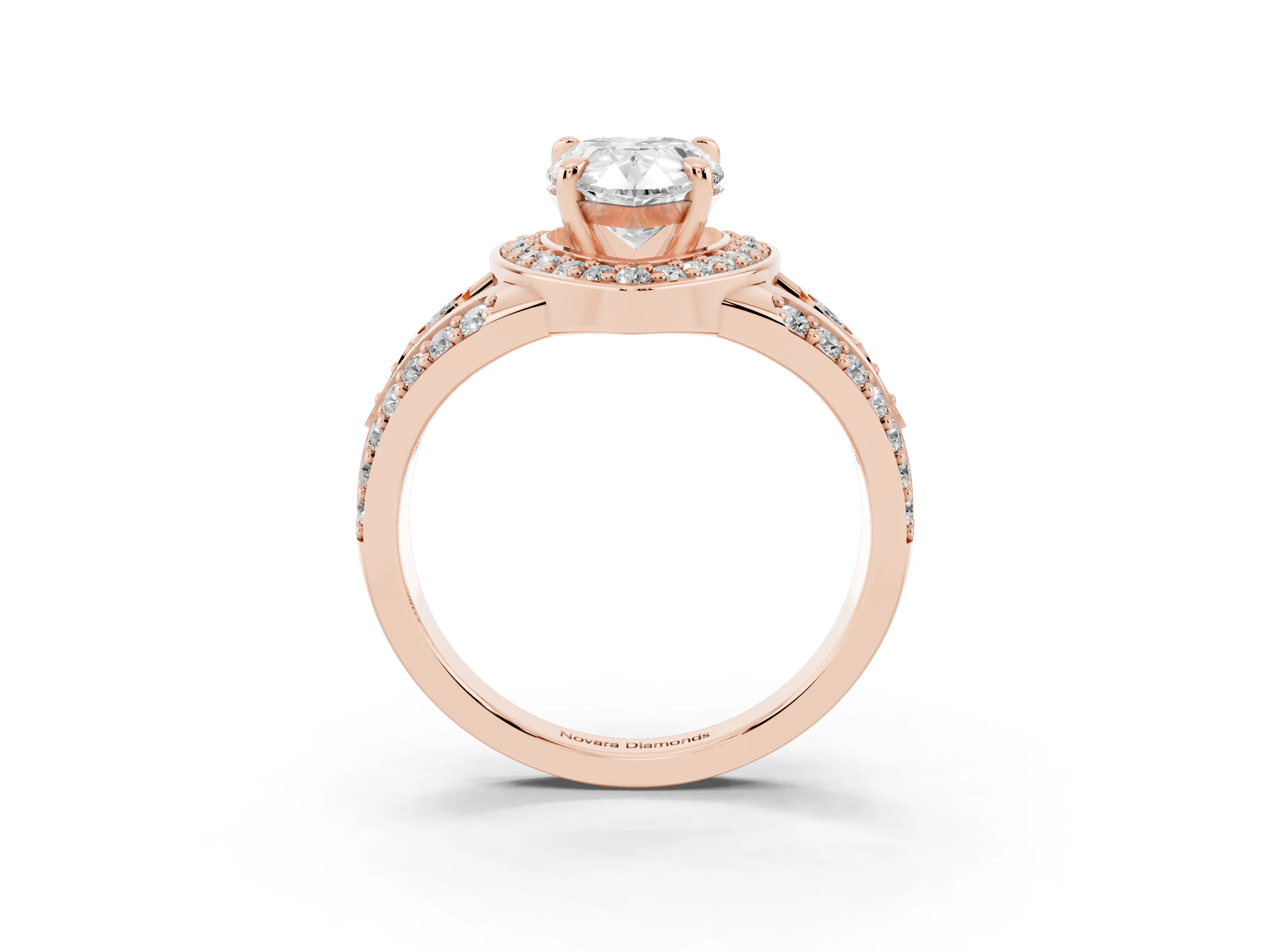 Pear Cut Diamond Halo Ring Set in Rose gold with Pavé Split Shank and Bezel Accents