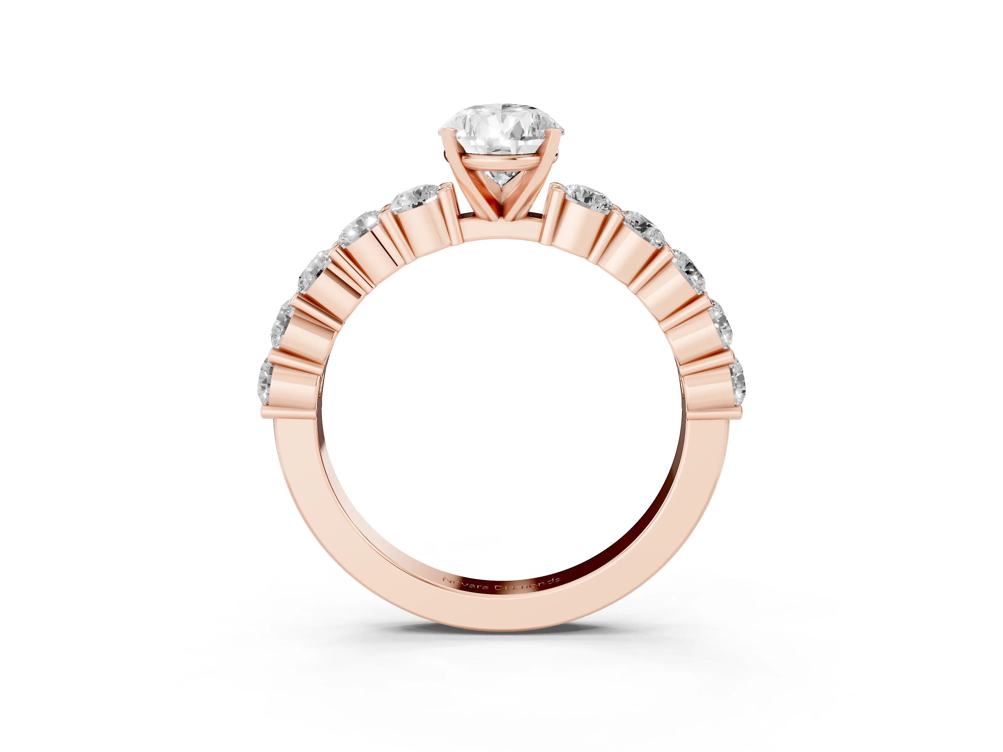 Pear Cut Diamond Solitaire Ring Set in Rose gold with Shared Prong Round Side Stones