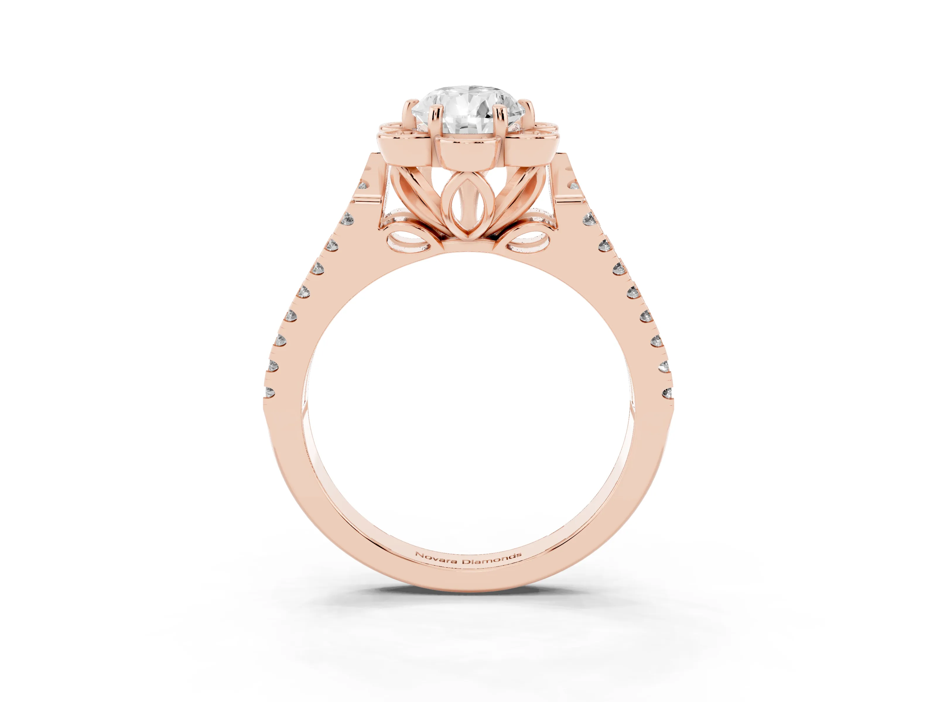 Pear Cut Diamond Floral Halo Split Shank Engagement Ring Set in Rose gold with Pavé Shank
