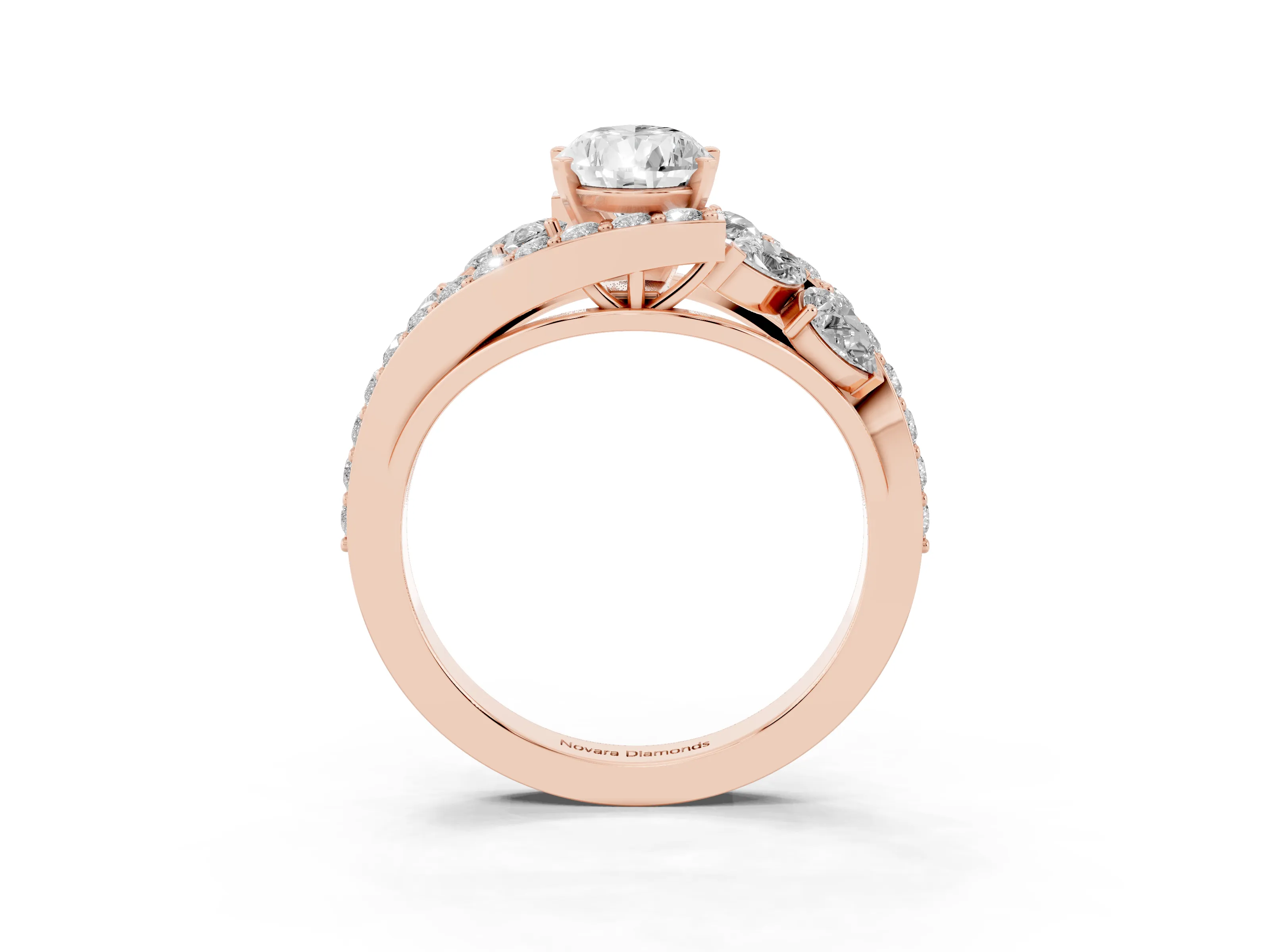 Pear Cut Diamond Halo Ring Set in Rose gold with Marquise and Pavé Band in Prong Setting