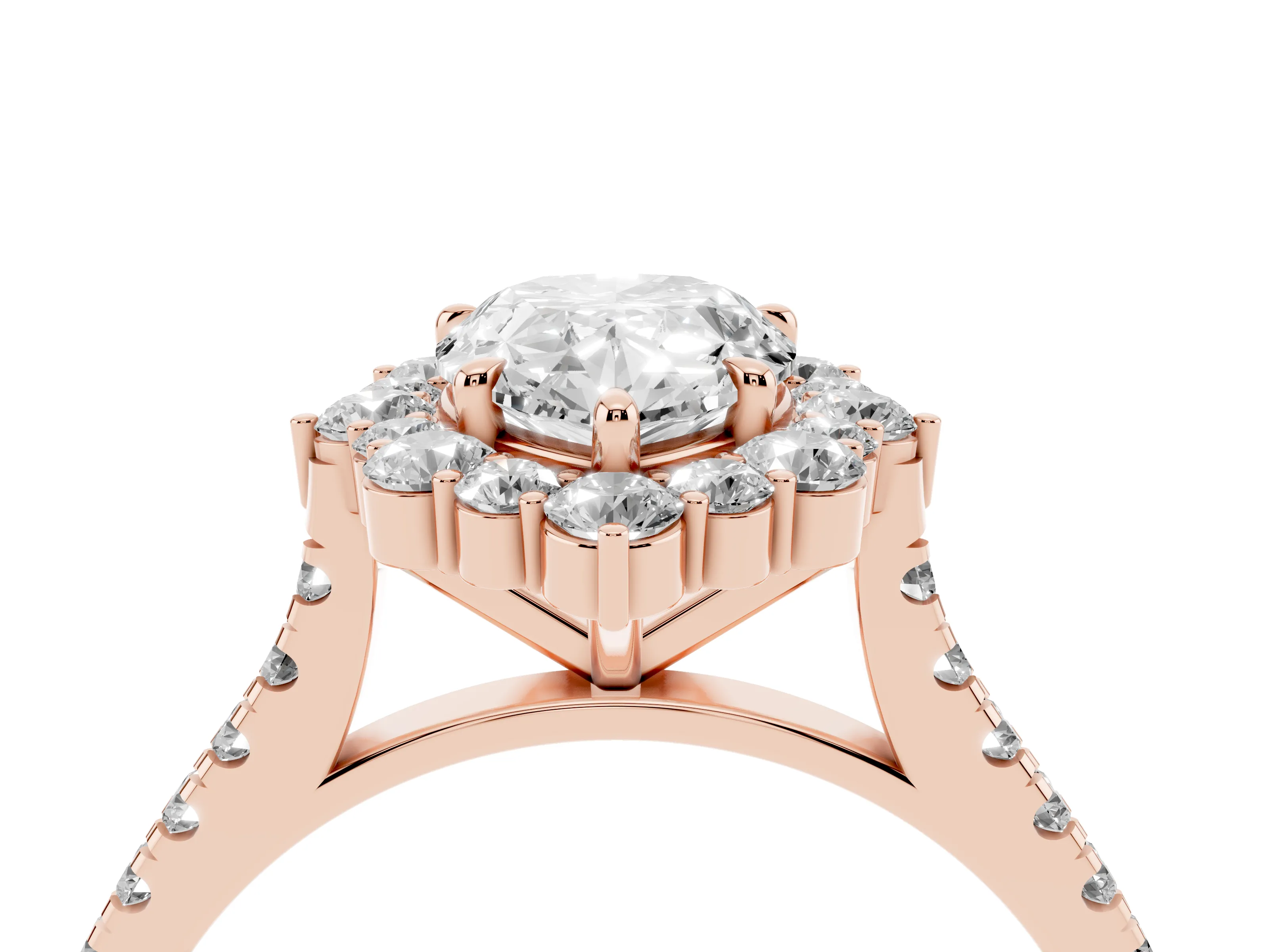 Pear Cut Diamond Halo Ring Set in Rose gold with Pavé Band and Prong Setting