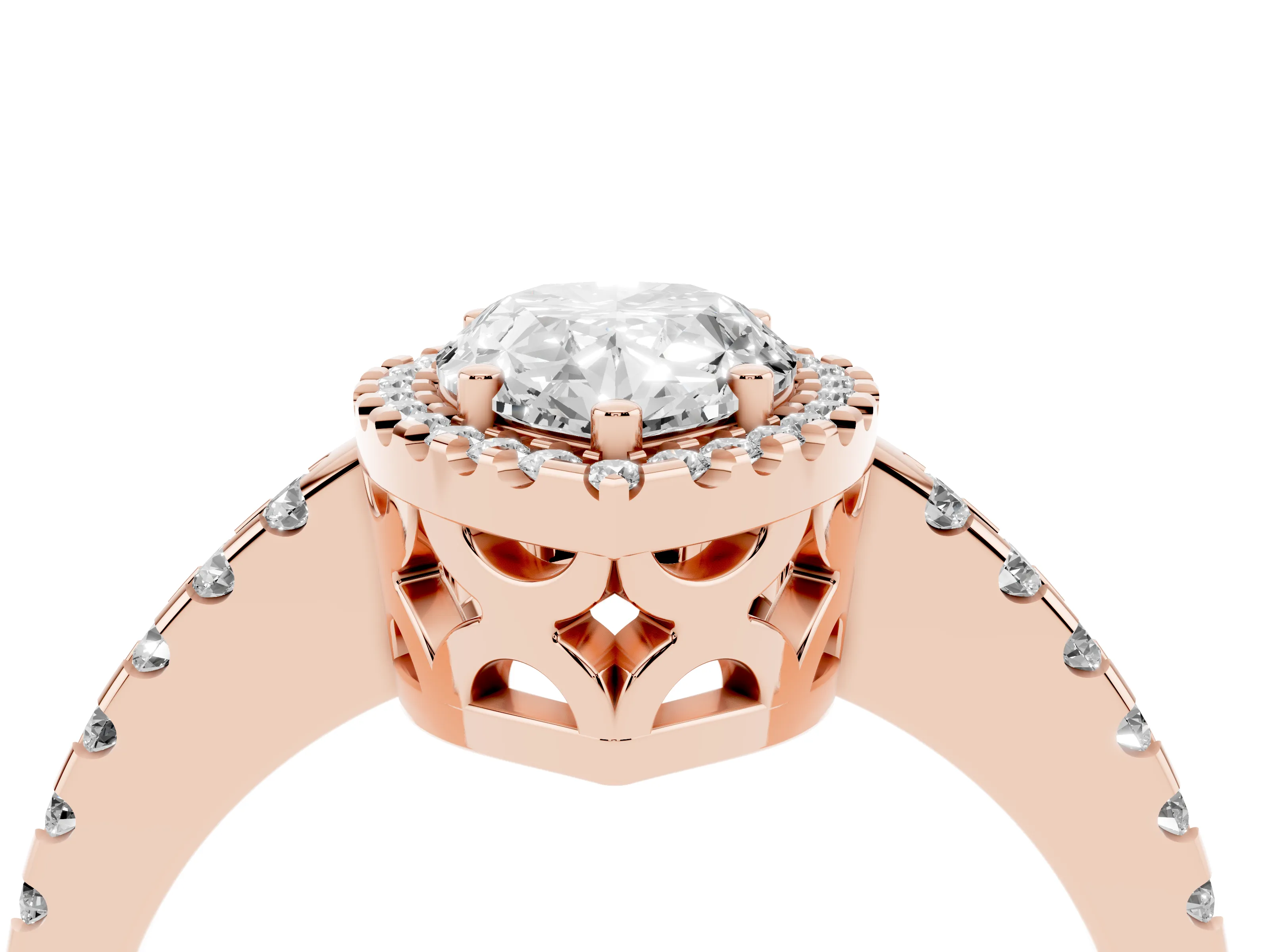 Pear Cut Diamond Halo Ring Set in Rose gold with Pavé Shoulders and Halo-Framed Center