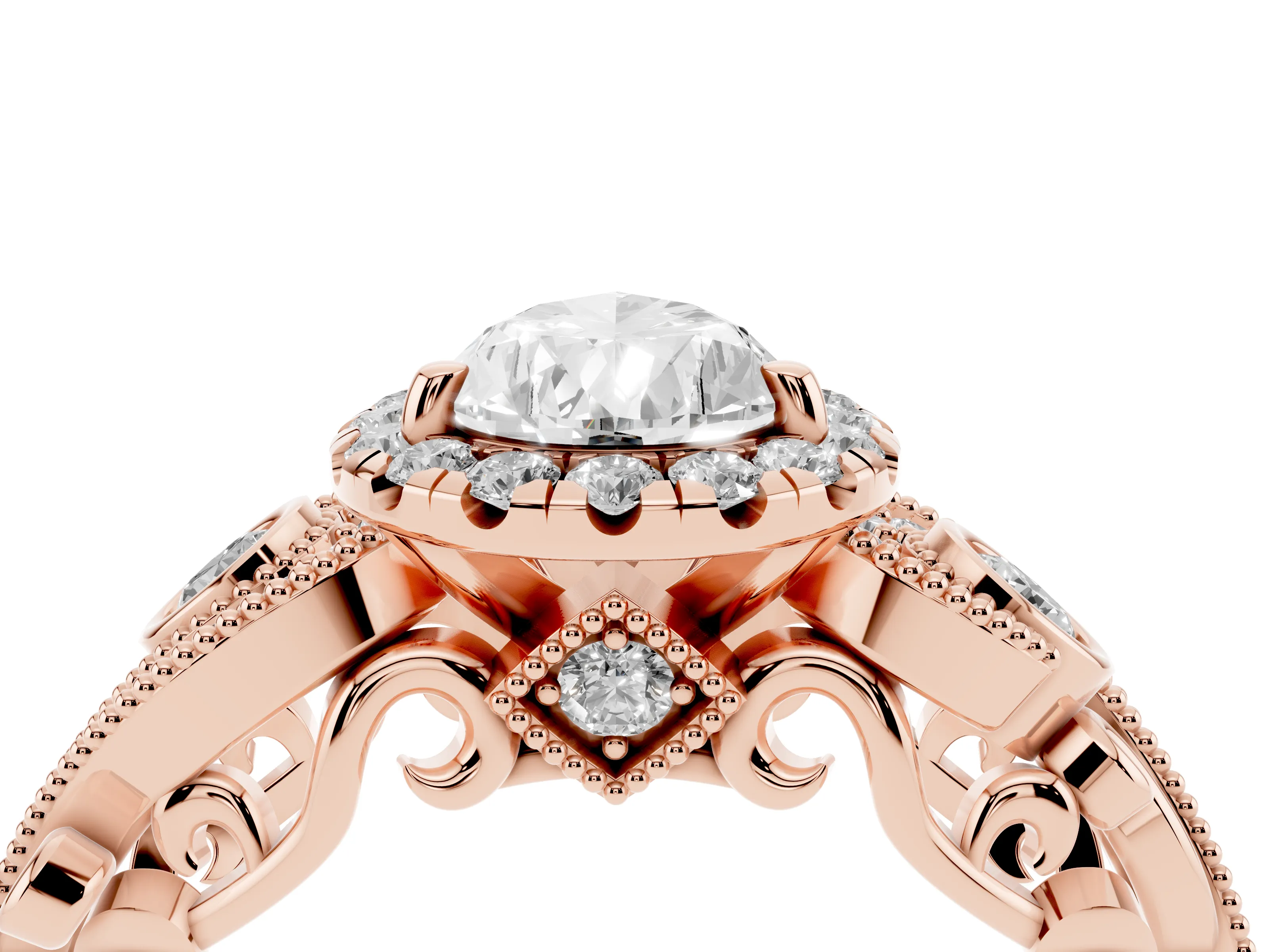 Pear Cut Diamond Halo Ring Set in Rose gold with Milgrain Pavé Band and Prong Setting