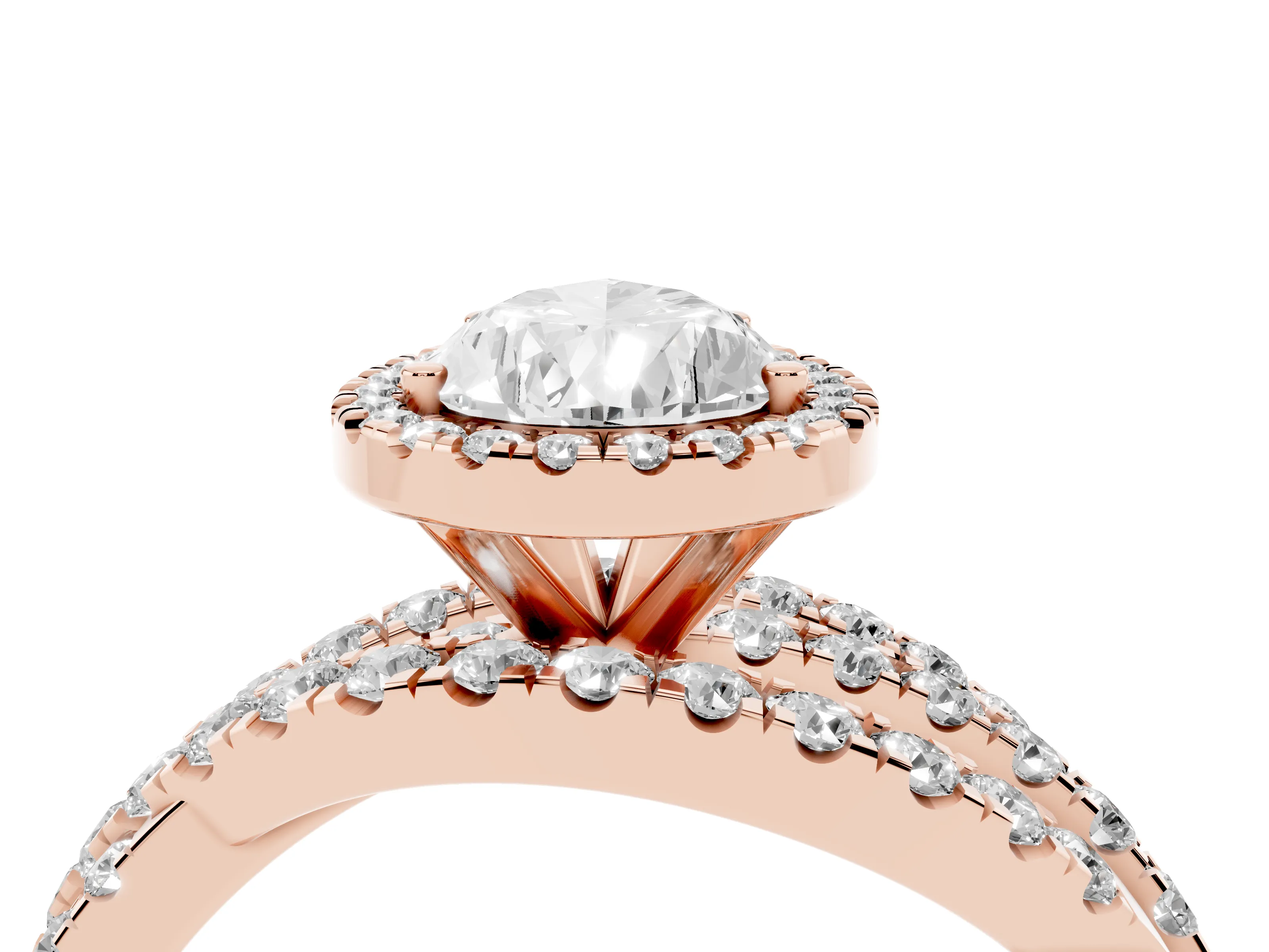Pear Cut Diamond Halo Ring Set in Rose gold with Round Crossover Split Shank and Prong Setting