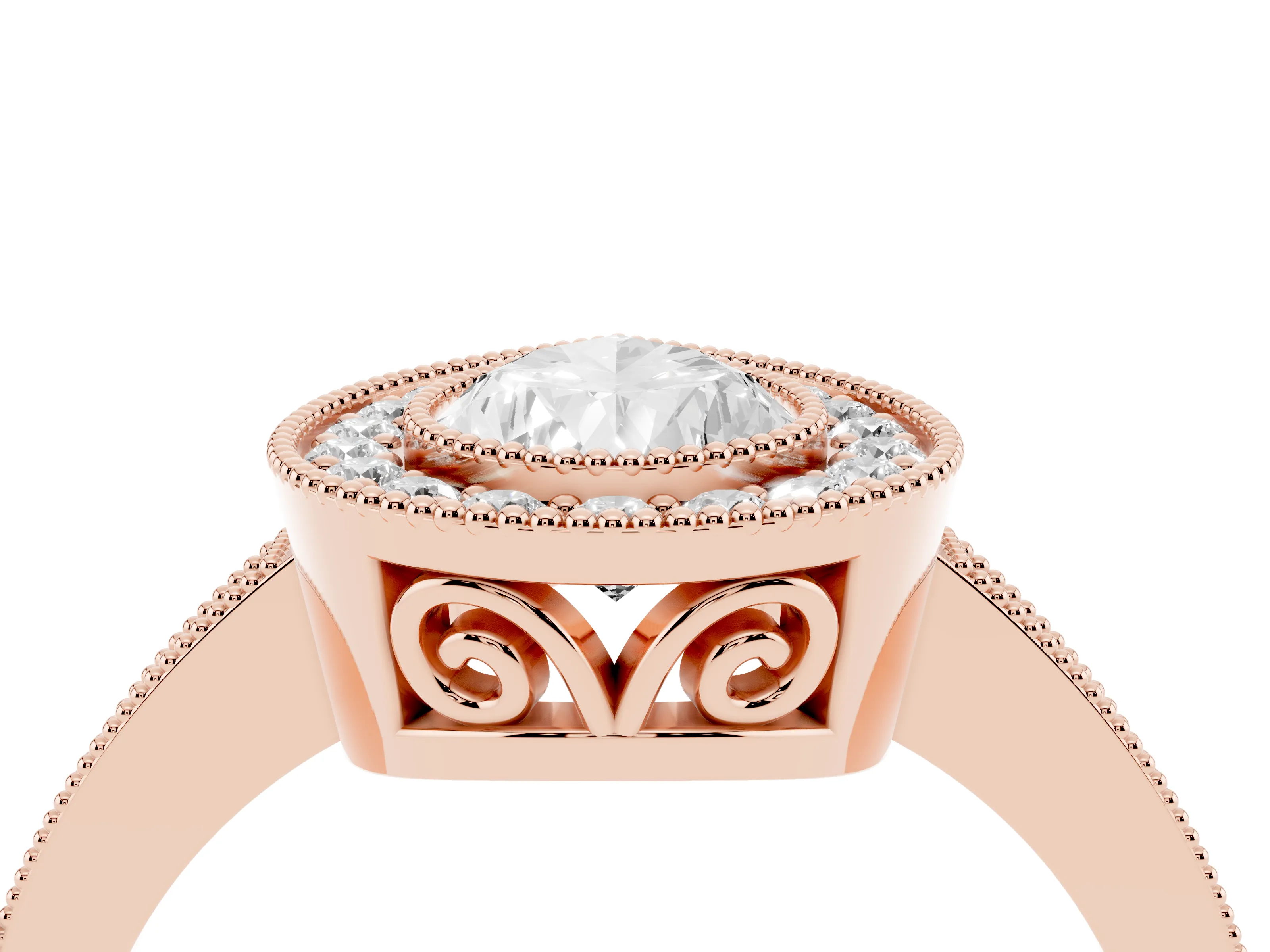 Pear Cut Diamond Halo Ring Set in Rose gold with Pavé Band and Milgrain-Edged Prongs