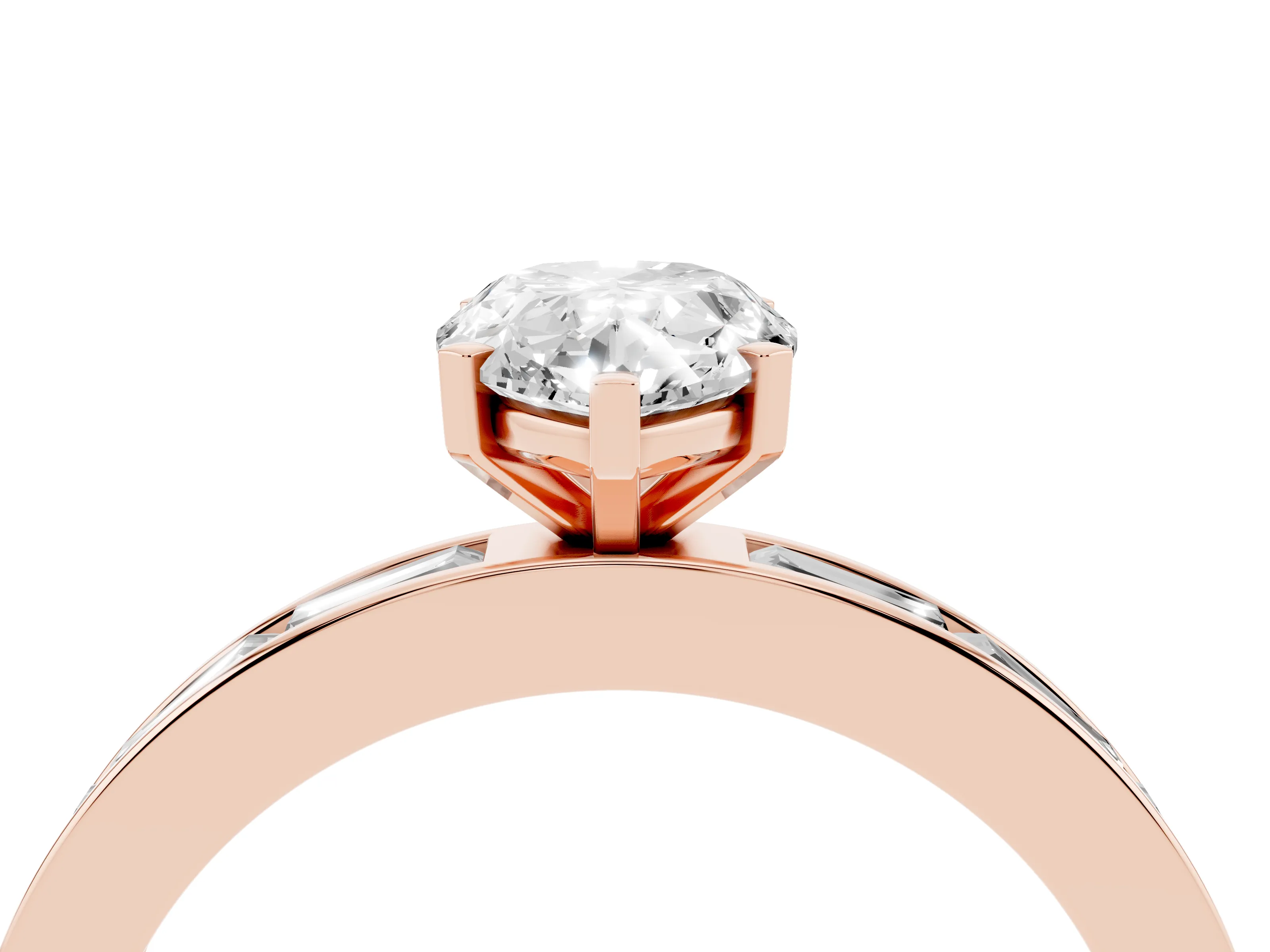 Pear Cut Diamond Solitaire Ring Set in Rose gold with Channel-Set Baguette Band and Prong Setting