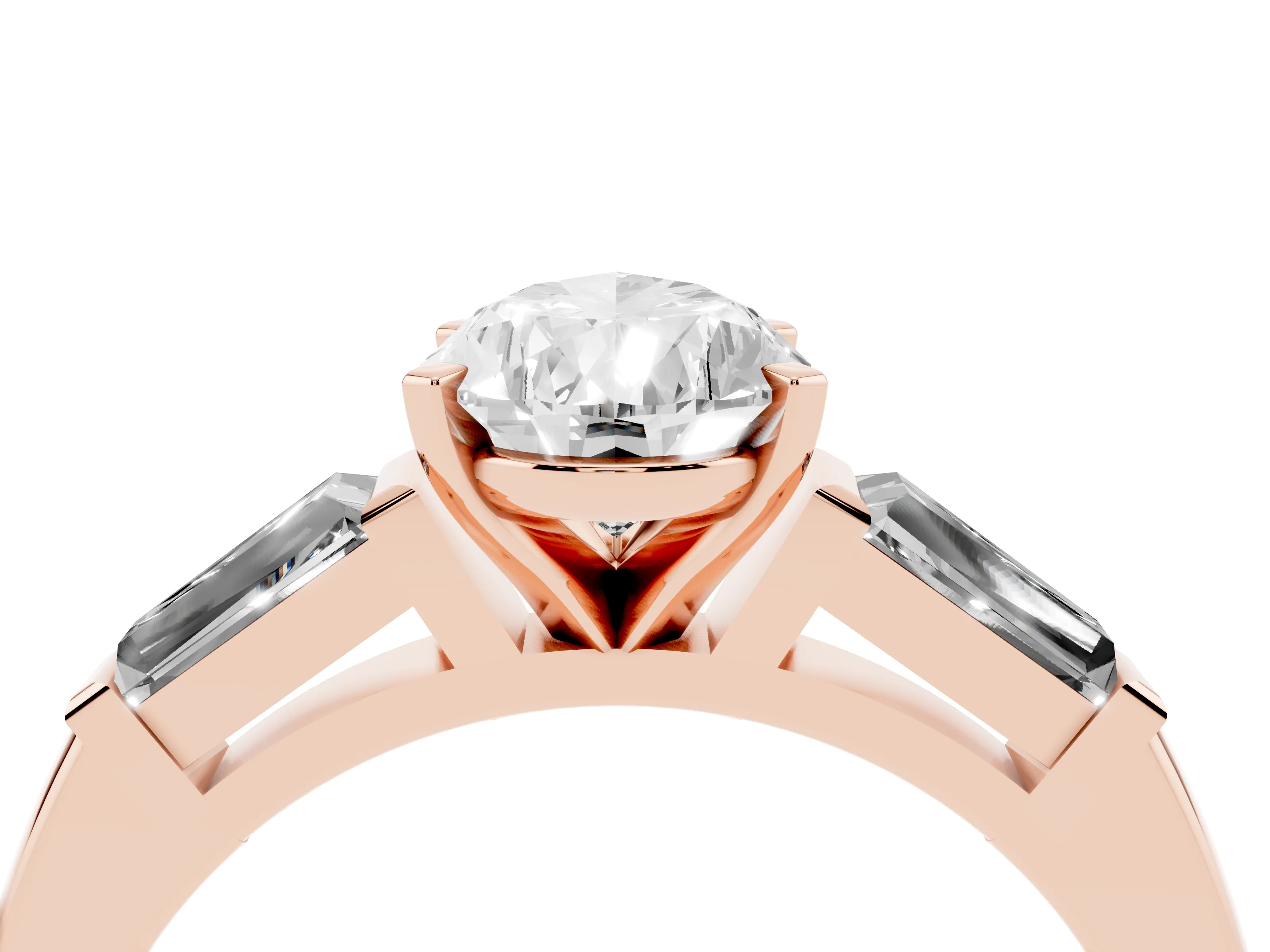 Pear Cut Diamond Solitaire Ring Set in Rose gold with Tapered Baguette Side Stones and Prong Setting