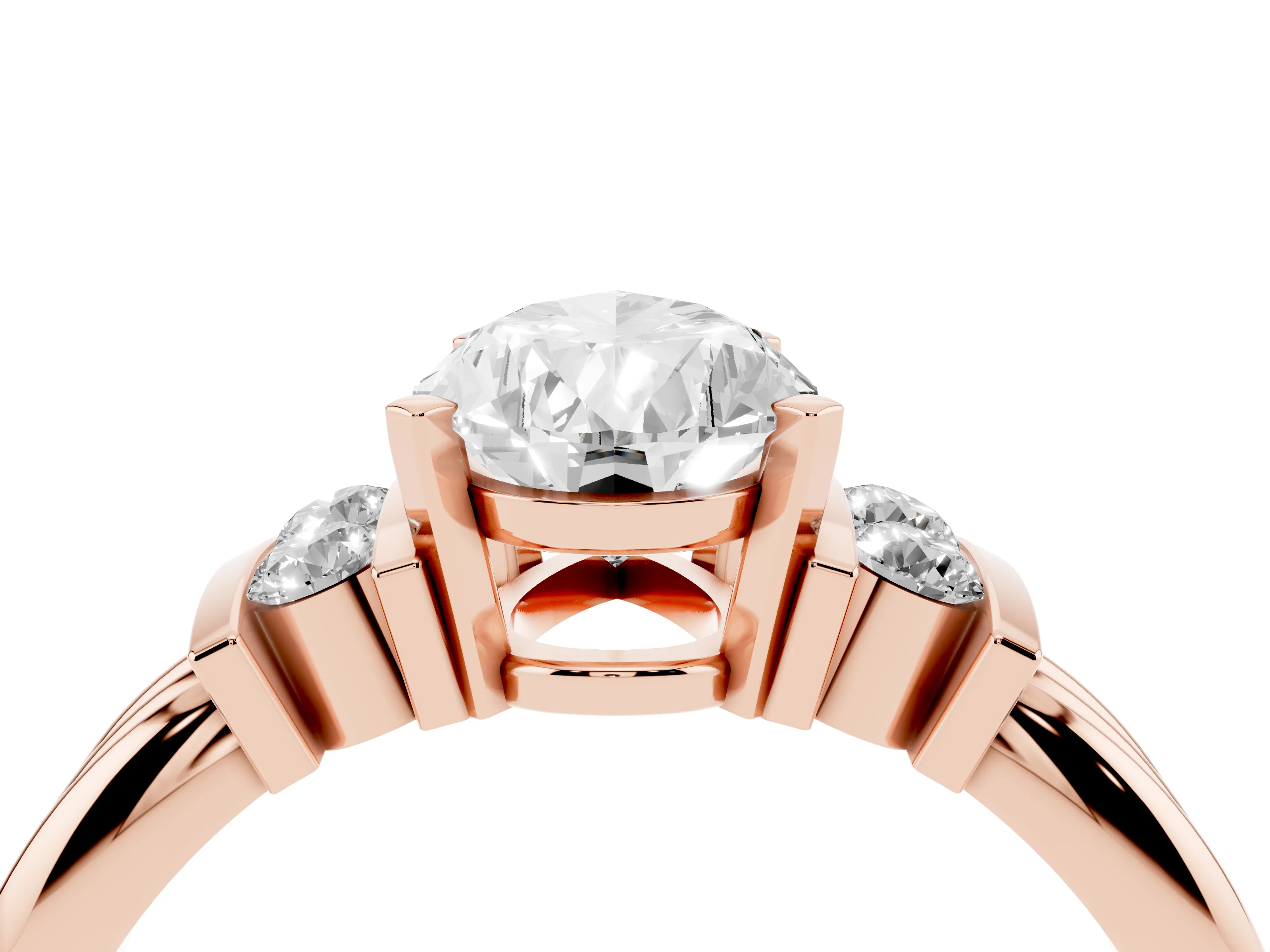 Three-Stone Pear Cut Diamond Channel Set Ring Set in Rose gold with Bar Prongs