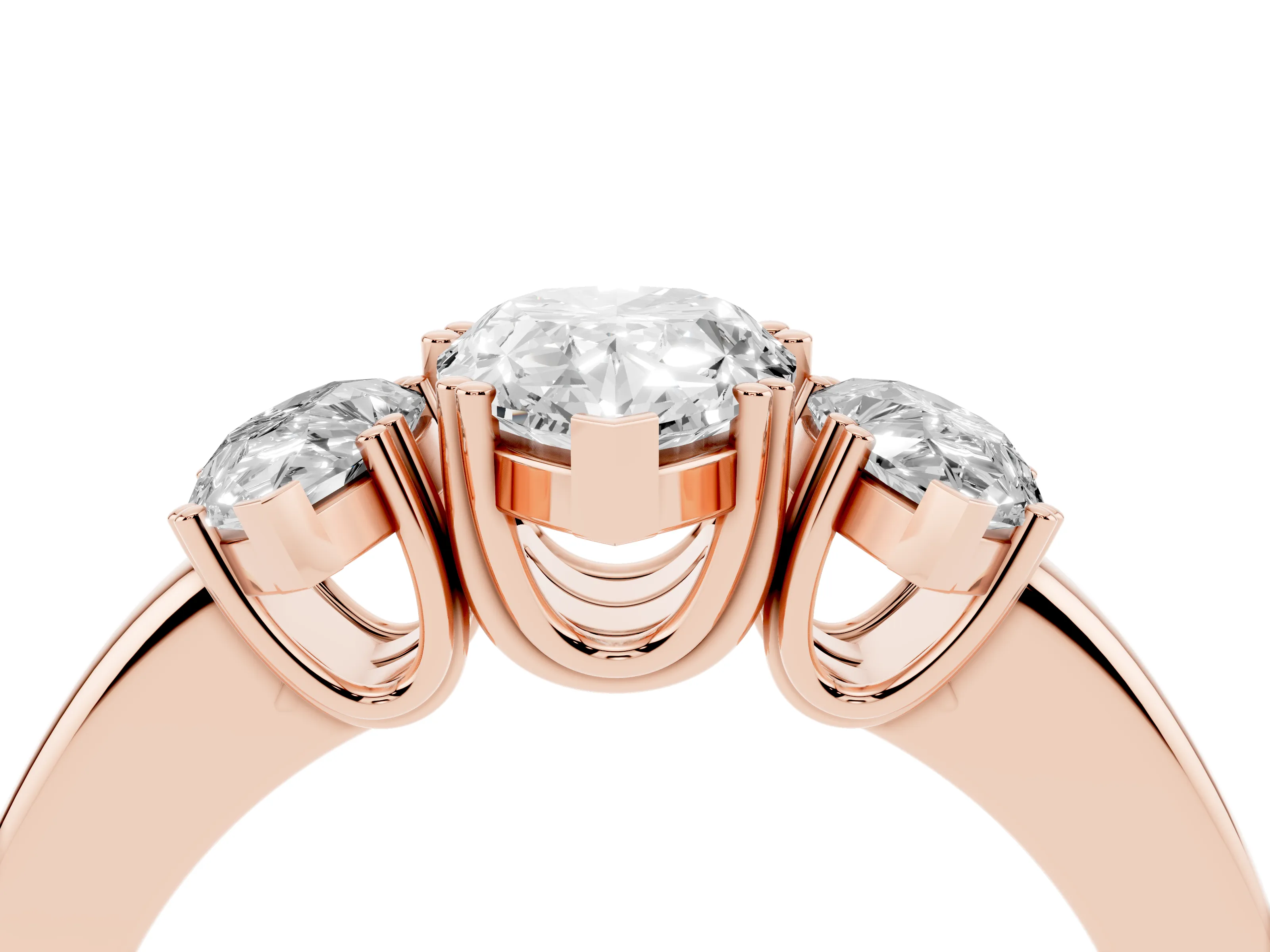 Pear Cut Diamond Three-Stone Ring Set in Rose gold with Polished Channel-Set Band