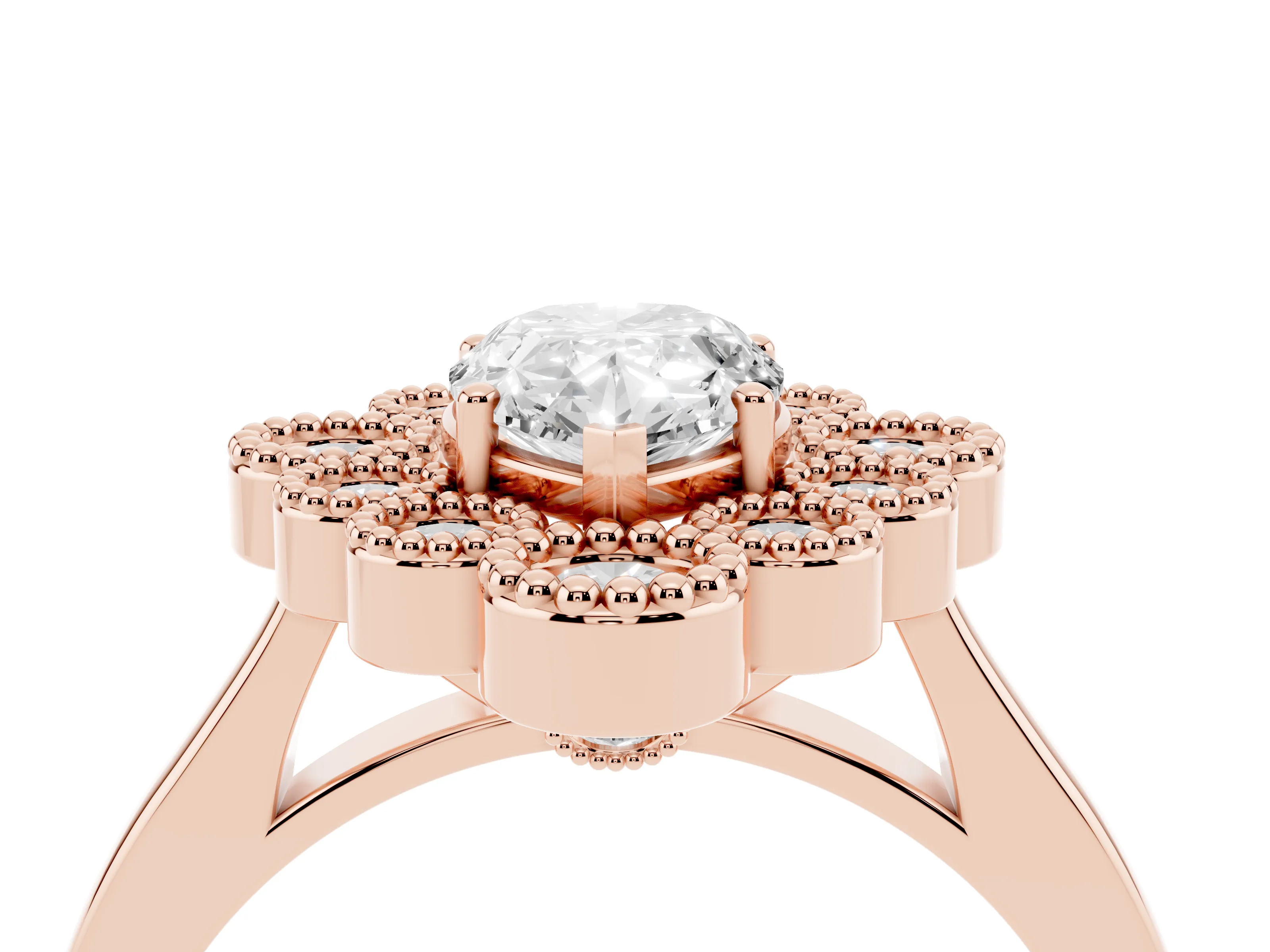 Pear Cut Diamond Cluster Halo Ring Set in Rose gold with Milgrain Bezel Accents and Plain Band