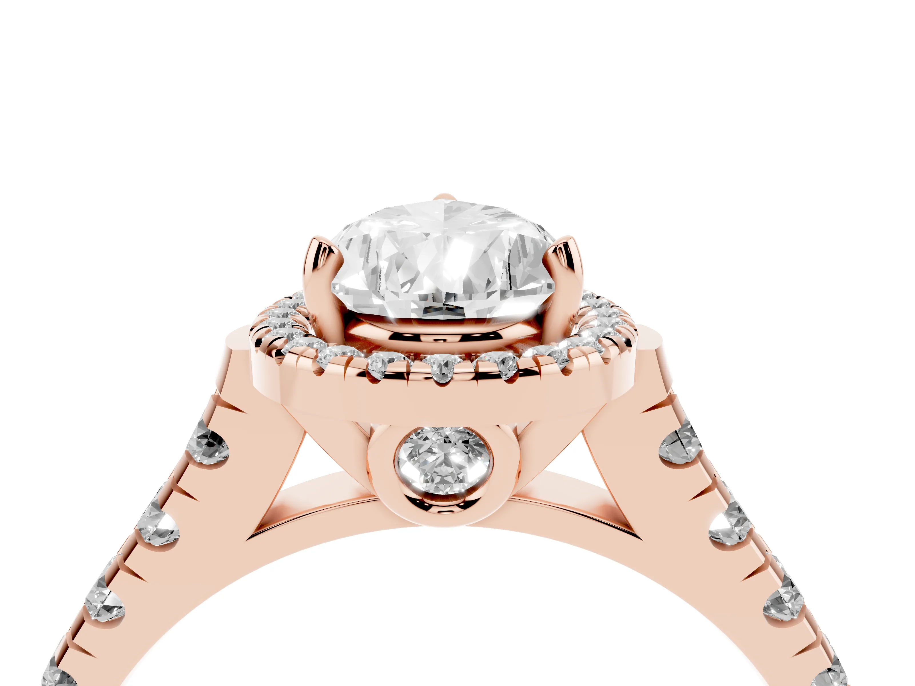 Pear Cut Diamond Halo Engagement Ring Set in Rose gold with Pavé Band and Prong-Set Center