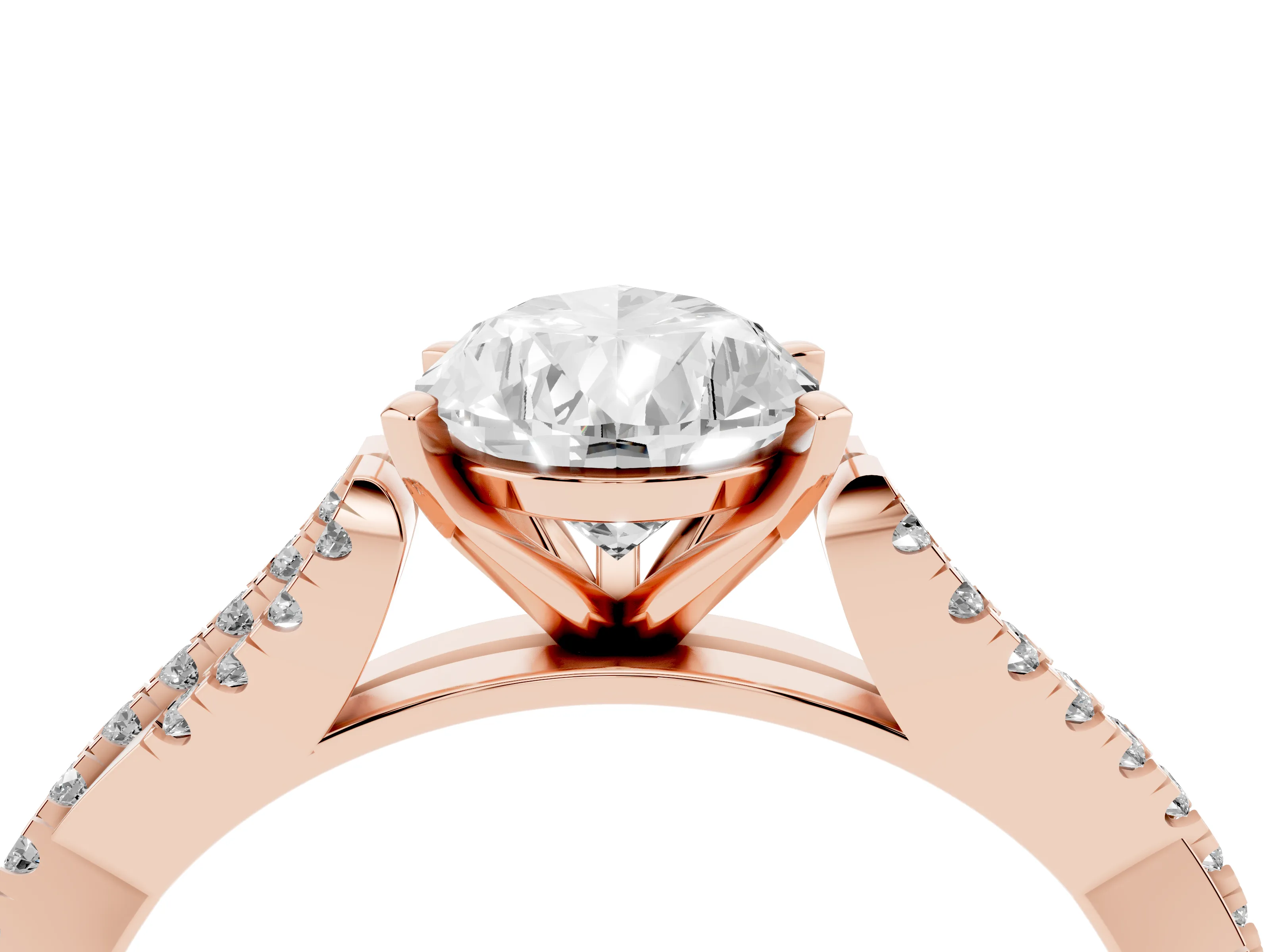 Pear Cut Diamond Solitaire Engagement Ring Set in Rose gold with Twisted Pavé Band and Prong Setting