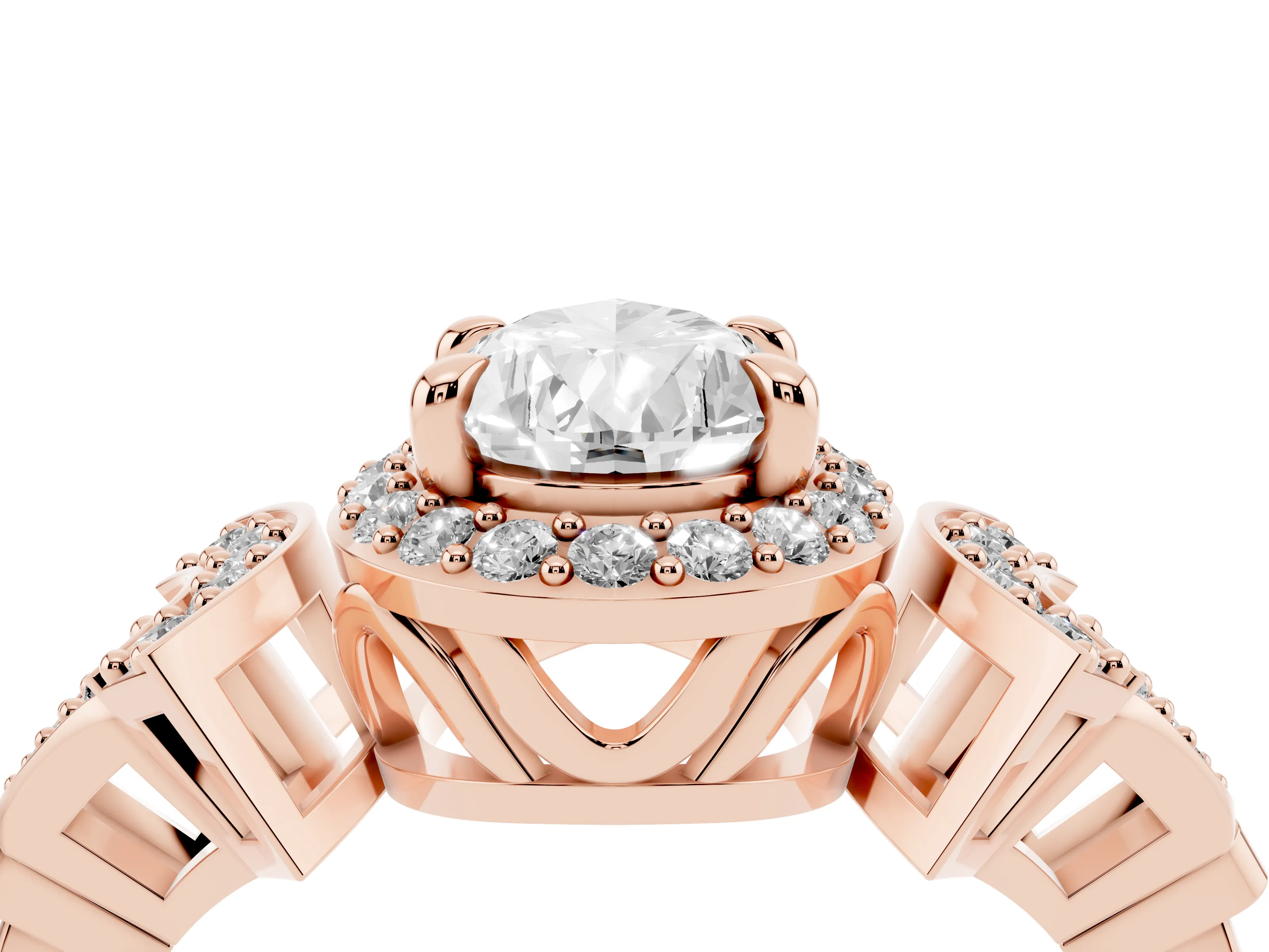 Pear Cut Diamond Halo Engagement Ring Set in Rose gold with Accent Stone Split Shank