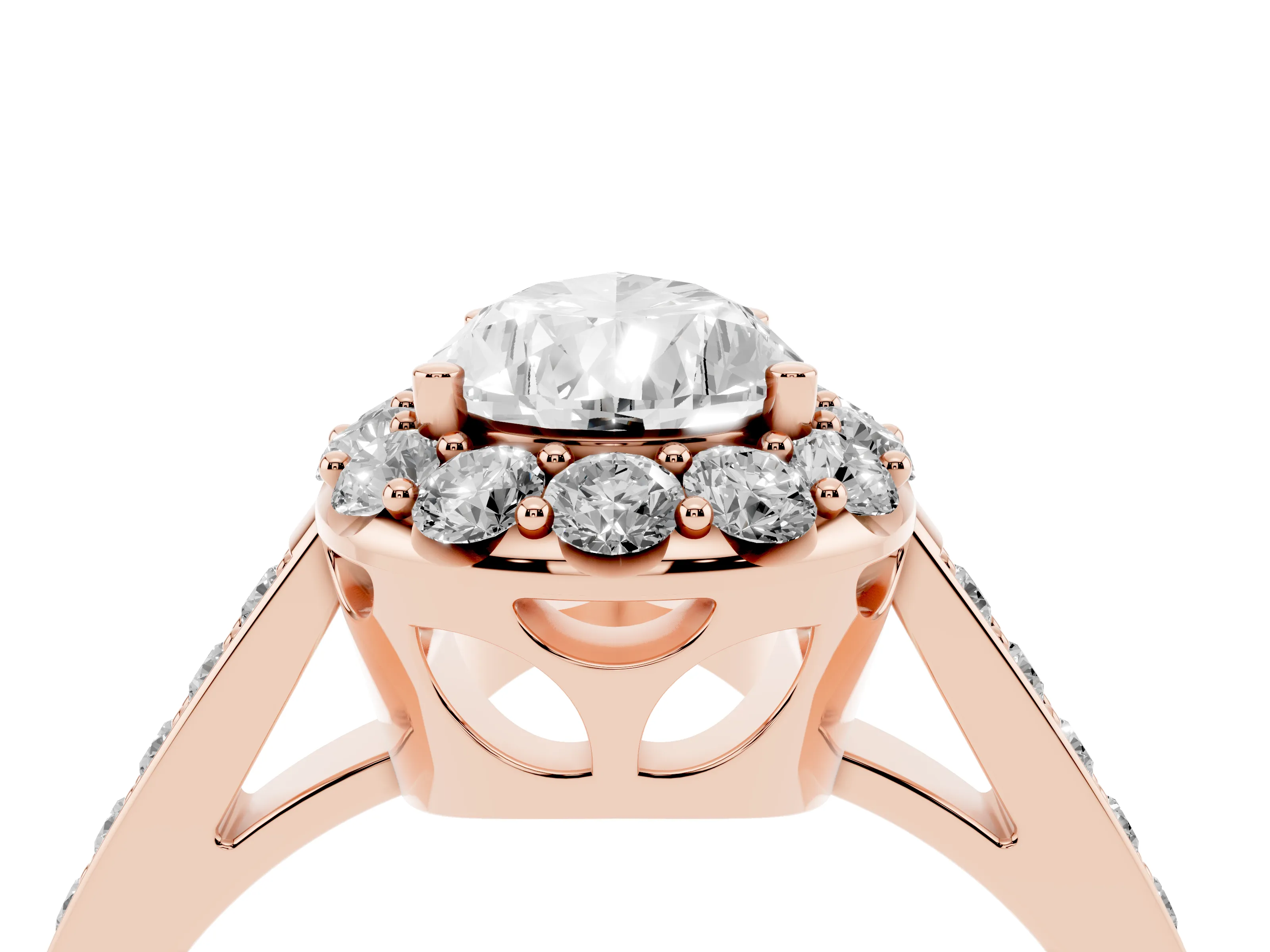 Pear Cut Diamond Floral Halo Ring Set in Rose gold with Pavé Band and Prong Setting