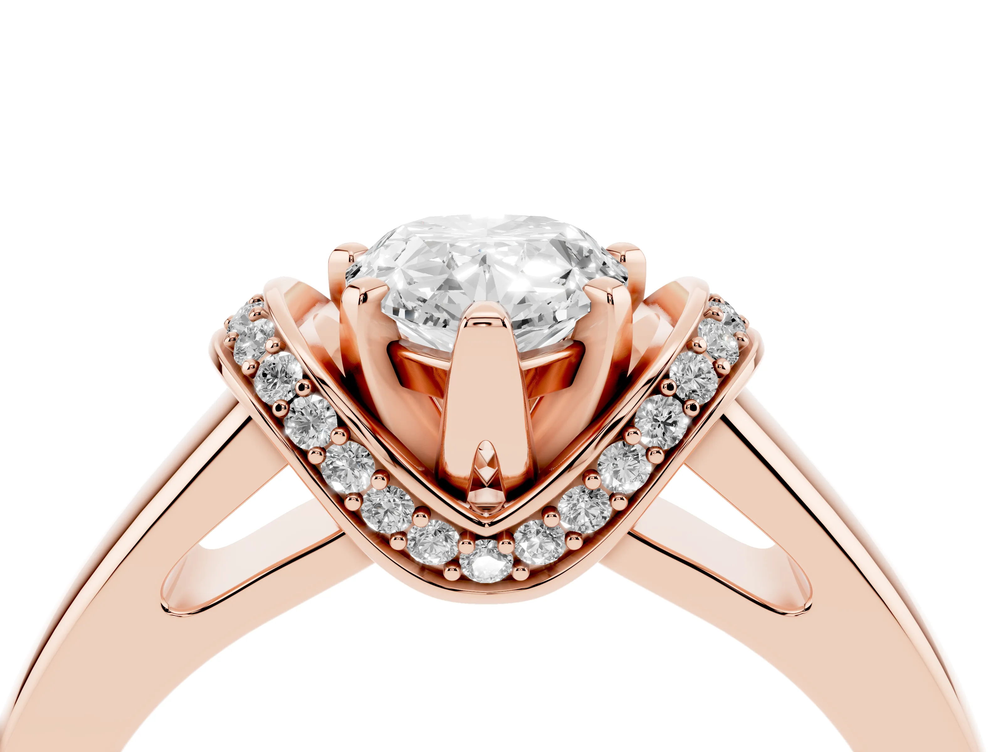 Pear Cut Diamond Pavé Band Solitaire Ring Set in Rose gold with Prong Setting