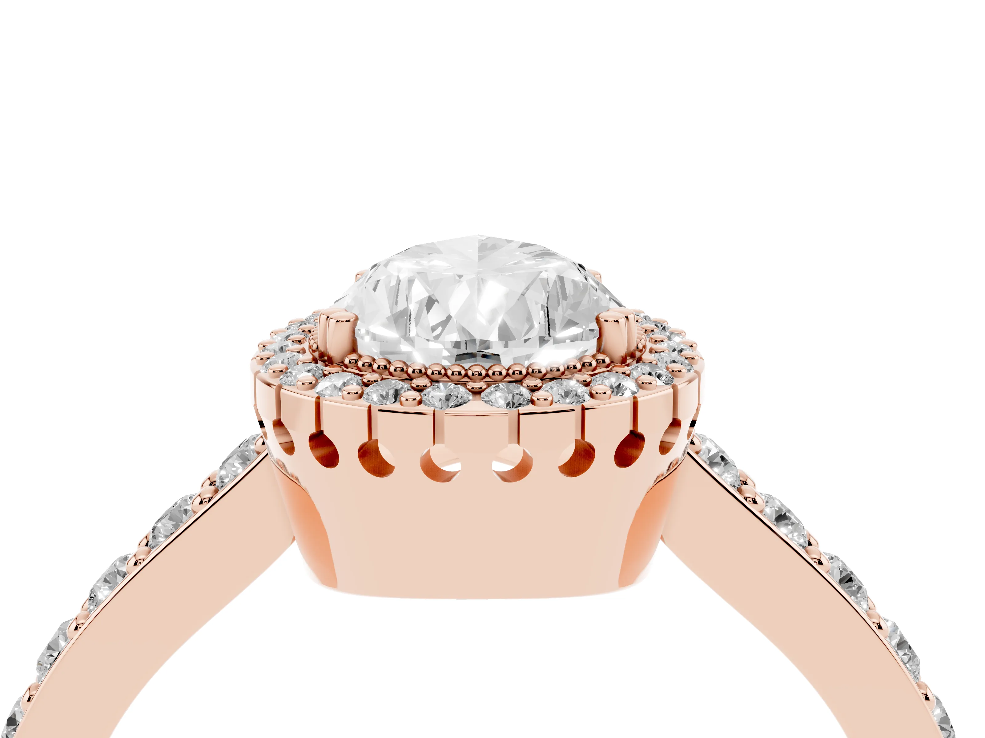 Pear Cut Diamond Halo Engagement Ring Set in Rose gold with Milgrain Detail and Pavé Band