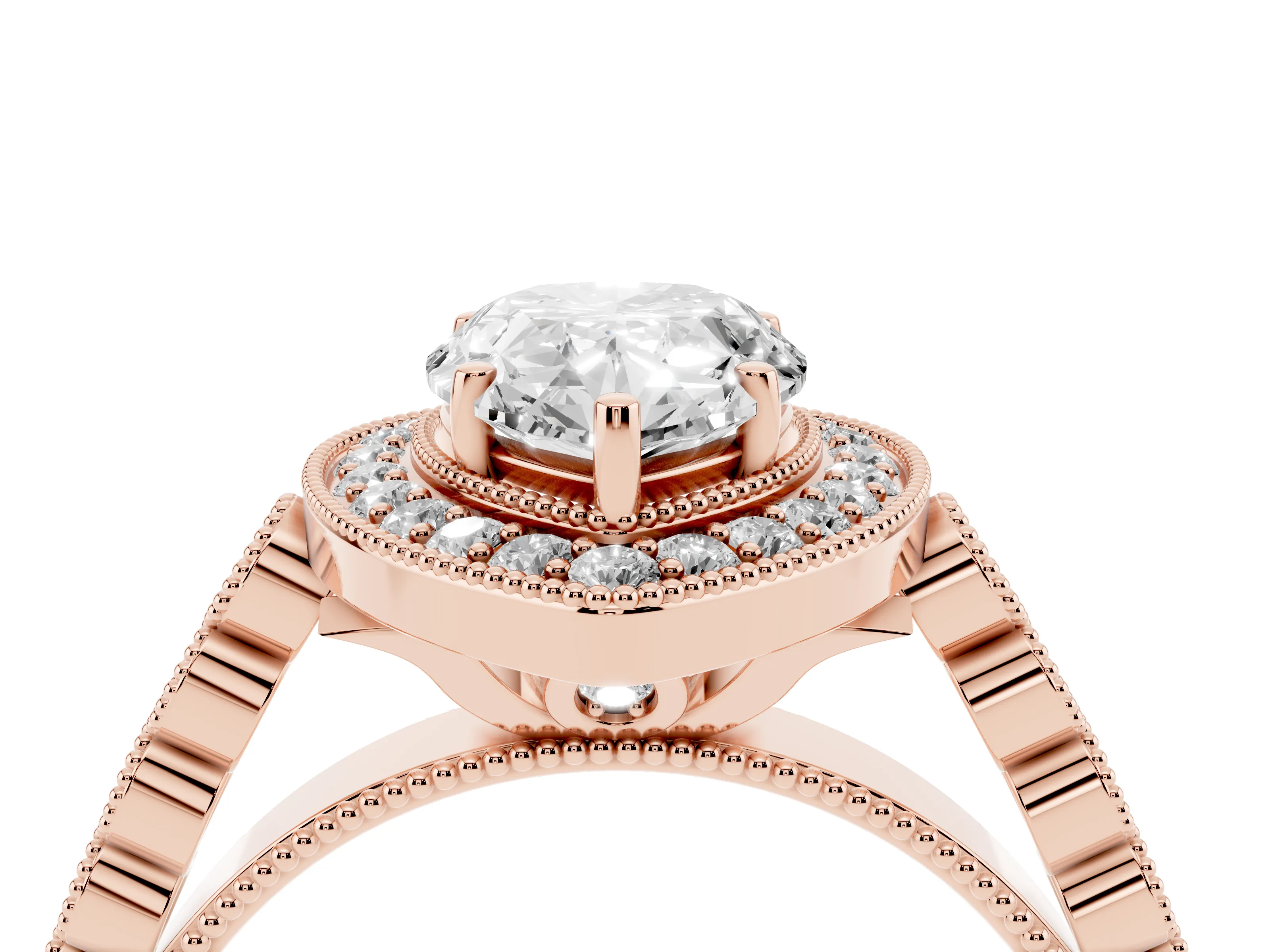 Pear Cut Diamond Milgrain Halo Solitaire Ring Set in Rose gold with Bezel Set Side Stones and Pavé Band
